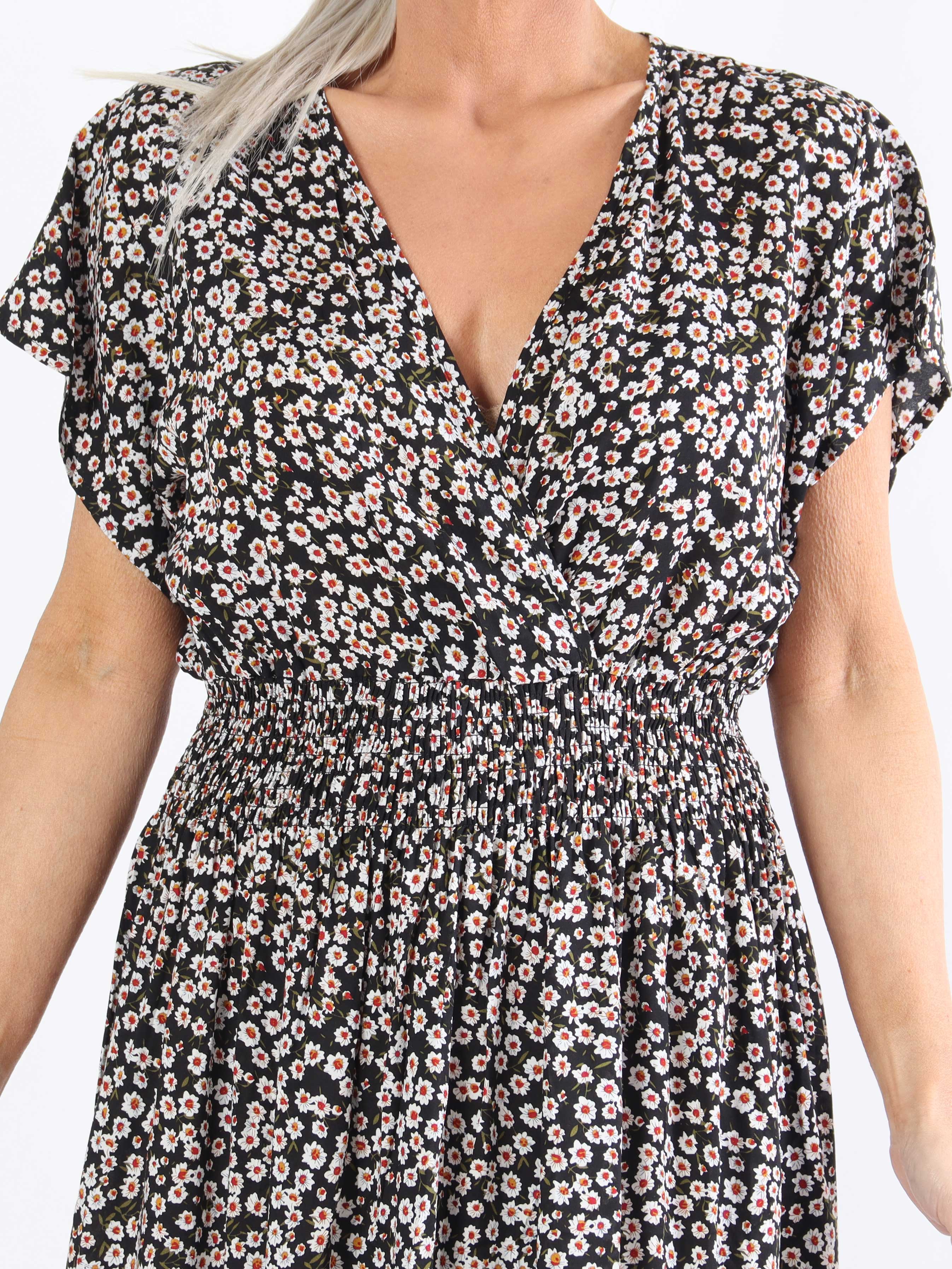 Clementine - Småblomstret plus size kjole med elastik i taljen