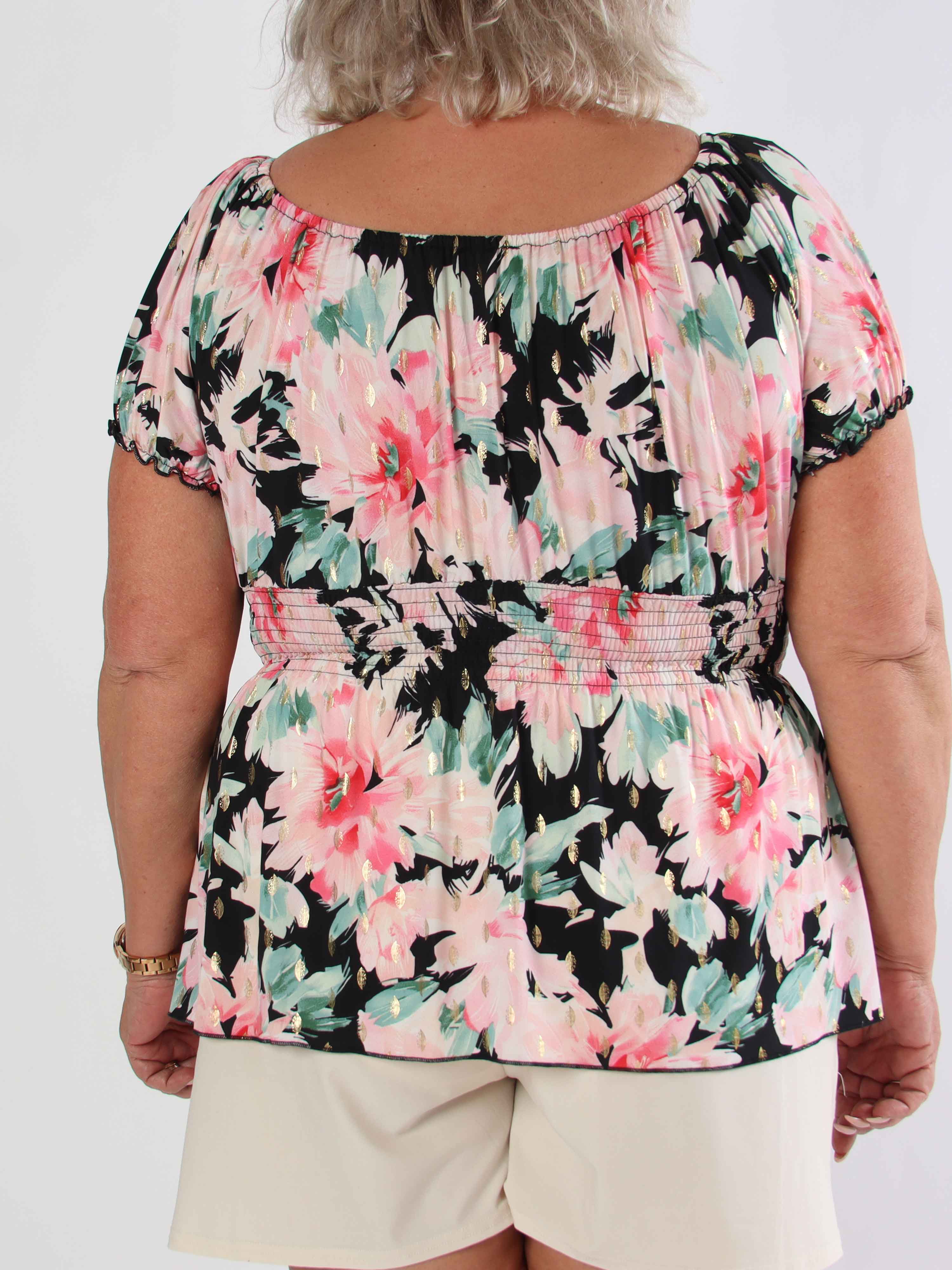 Cora Flower Shirt - Elastisk plus size bluse med smock under brystet