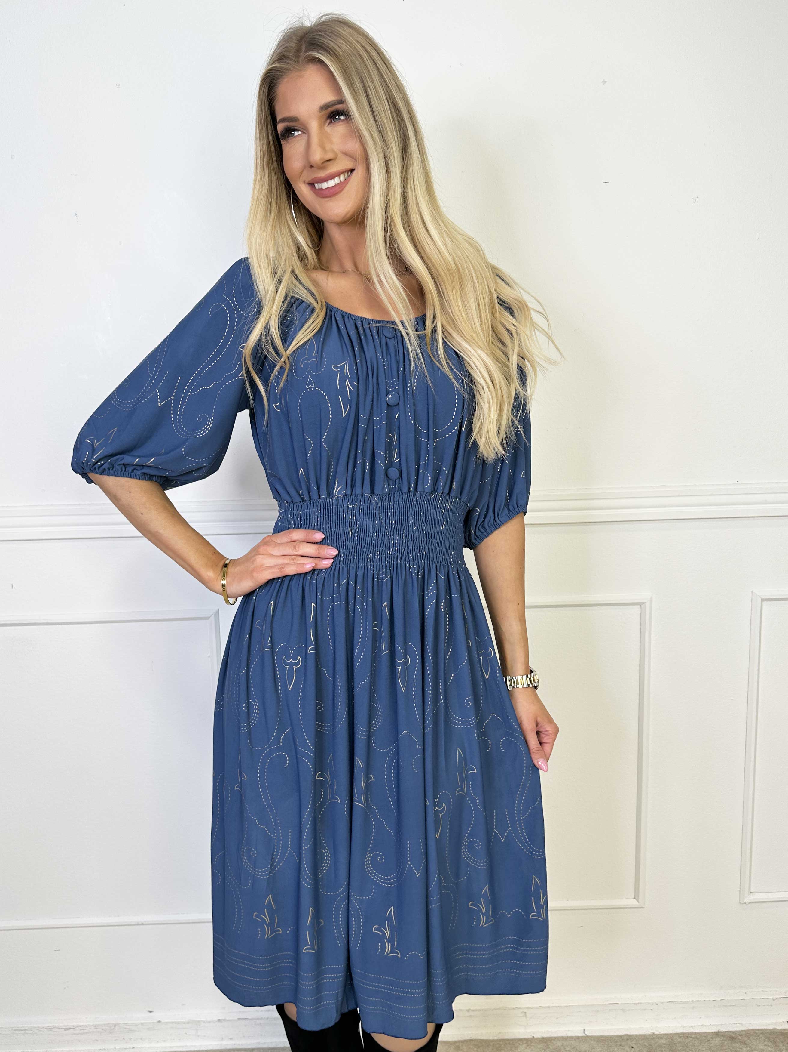 Cora Royal Gold Midi - Elastisk kjole med guld print