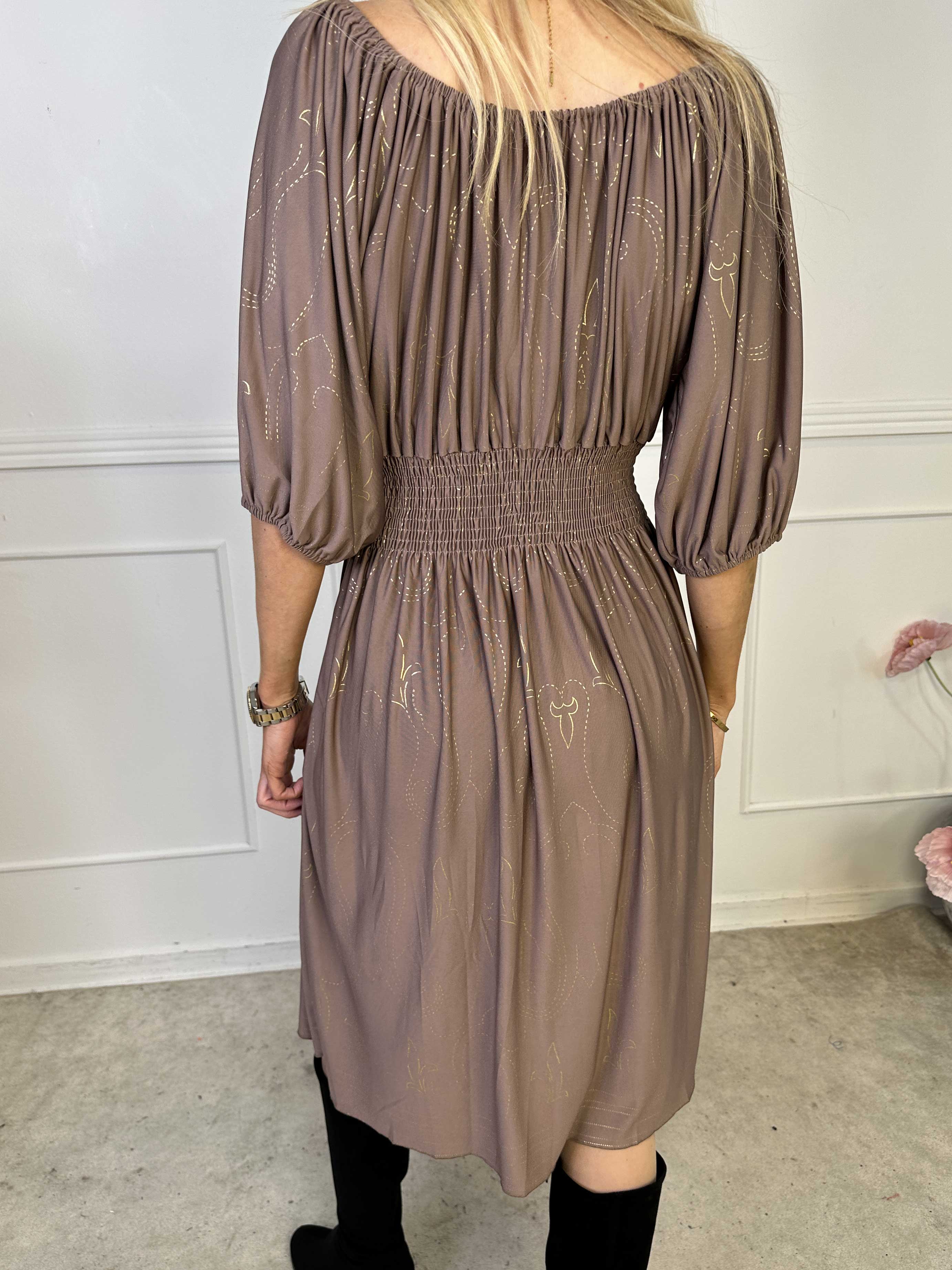 Cora Royal Gold Midi - Elastisk kjole med guld print