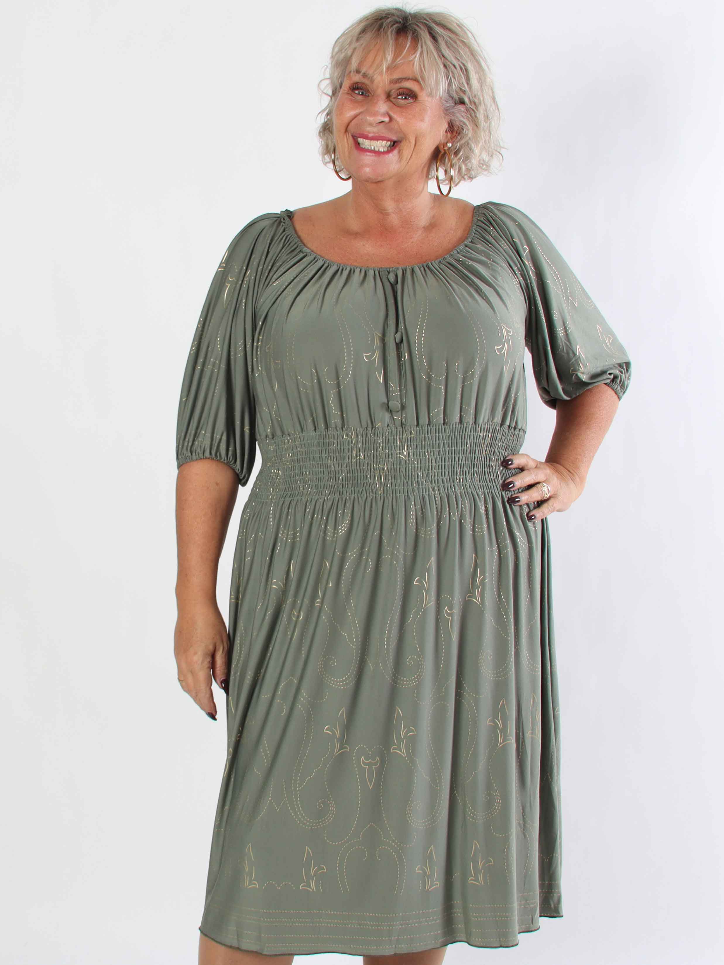 Cora Royal Gold Midi - Elastisk plus size kjole med guld print