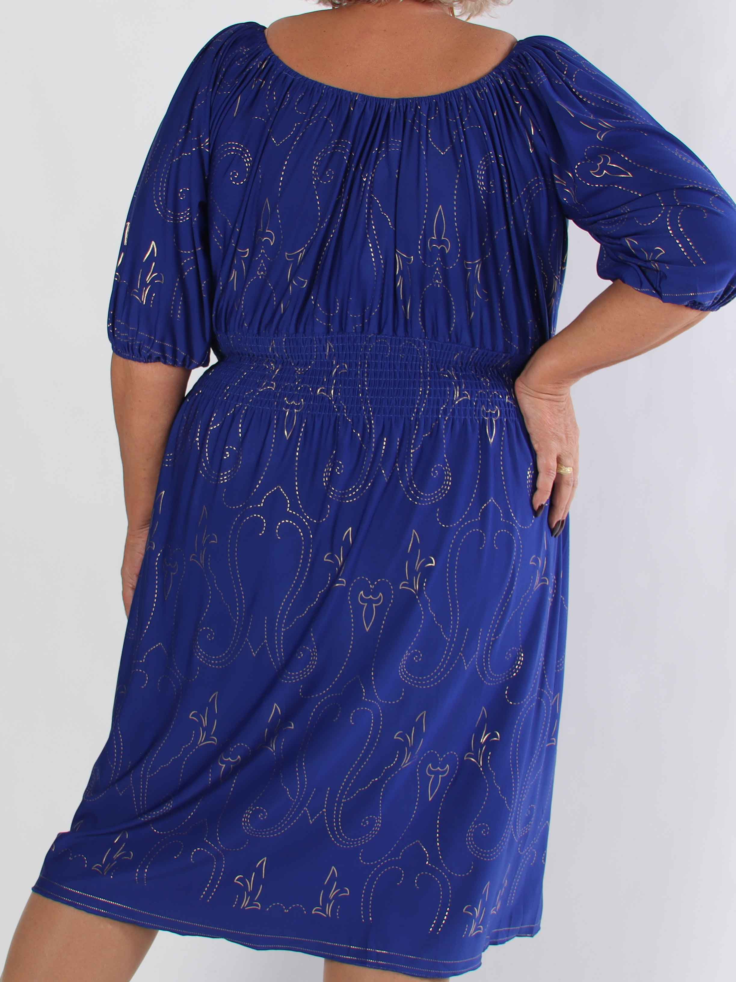 Cora Royal Gold Midi - Elastisk plus size kjole med guld print