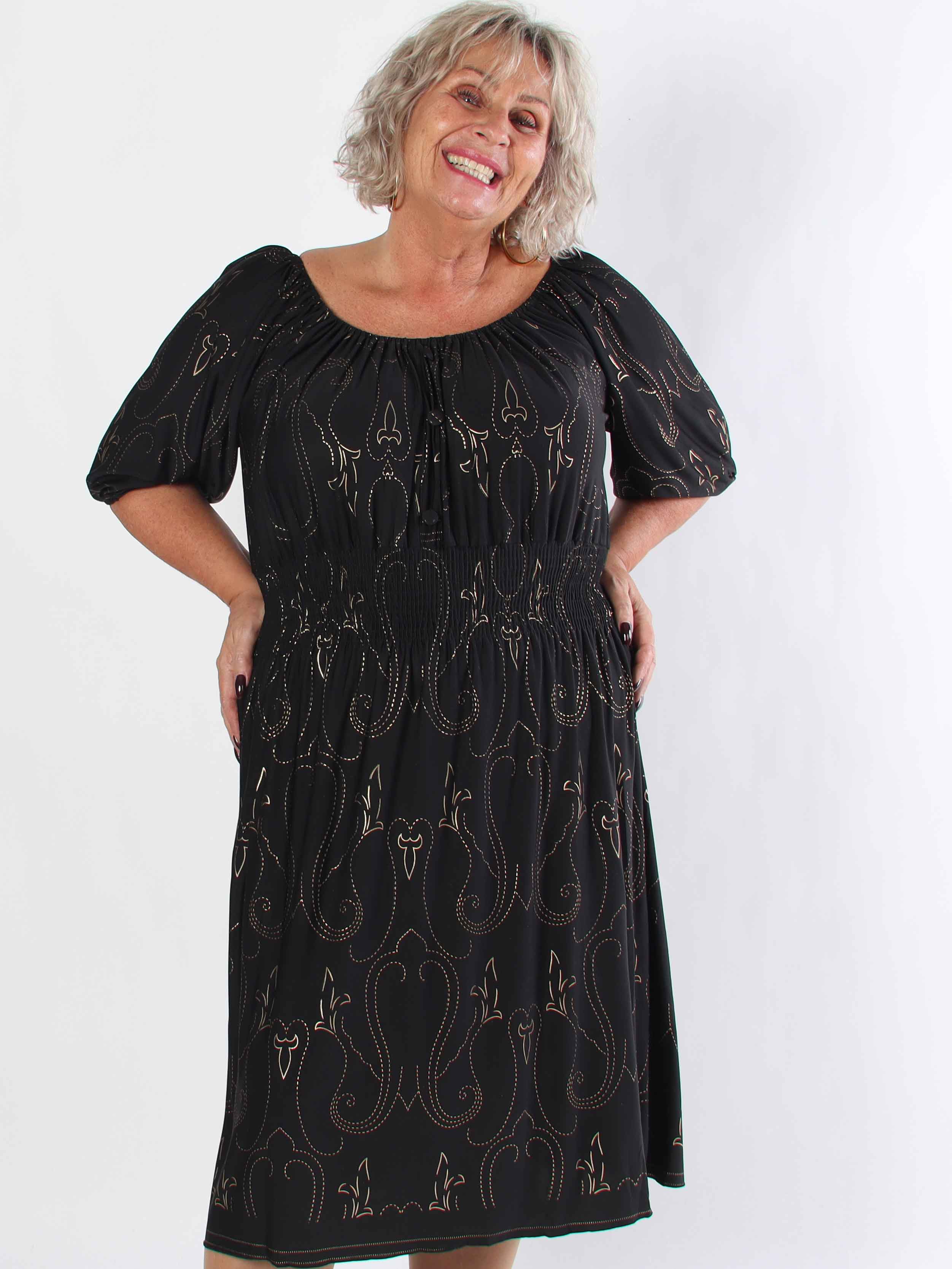 Cora Royal Gold Midi - Elastisk plus size kjole med guld print