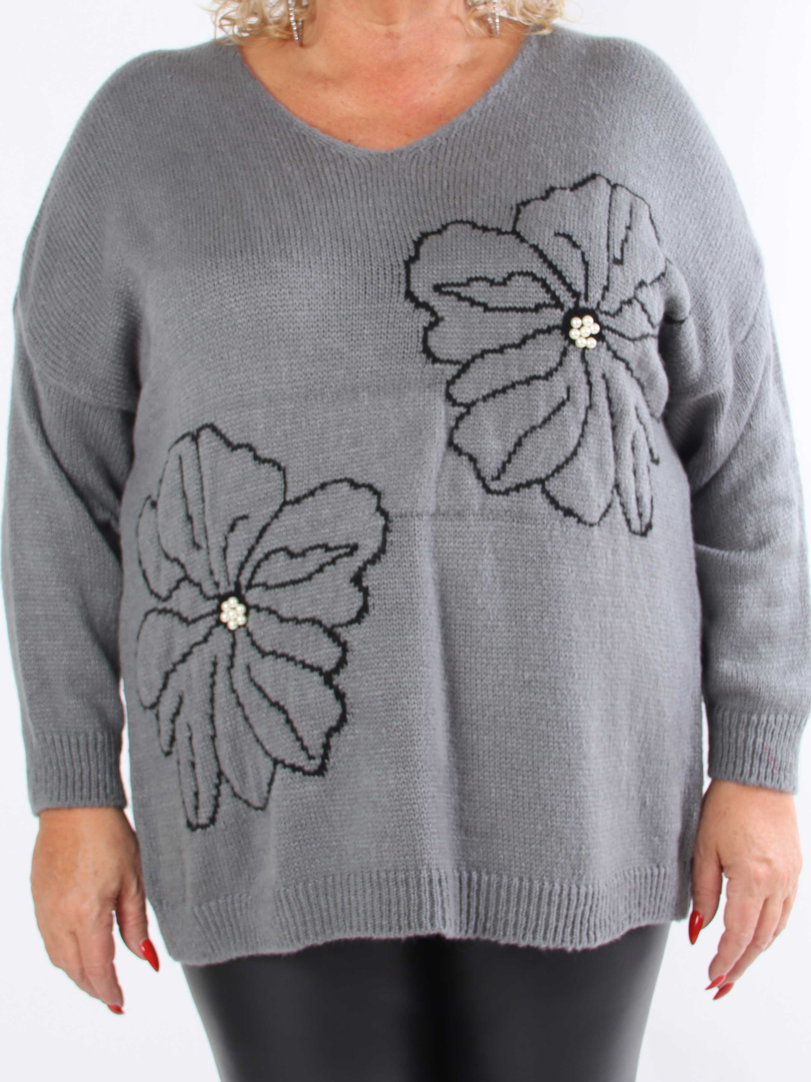 Delores - Plus size strik med blomstermotiv og perler