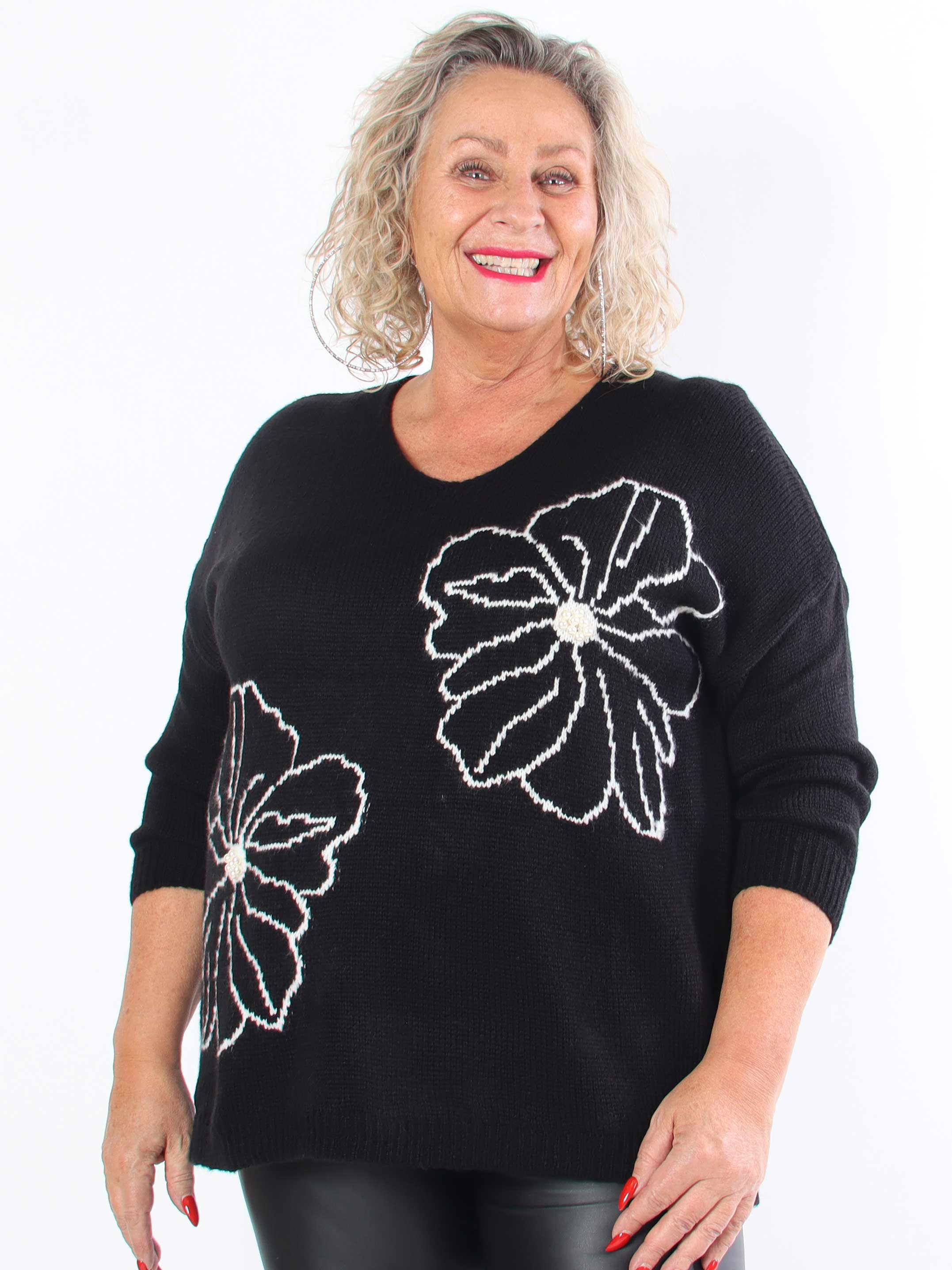 Delores - Plus size strik med blomstermotiv og perler