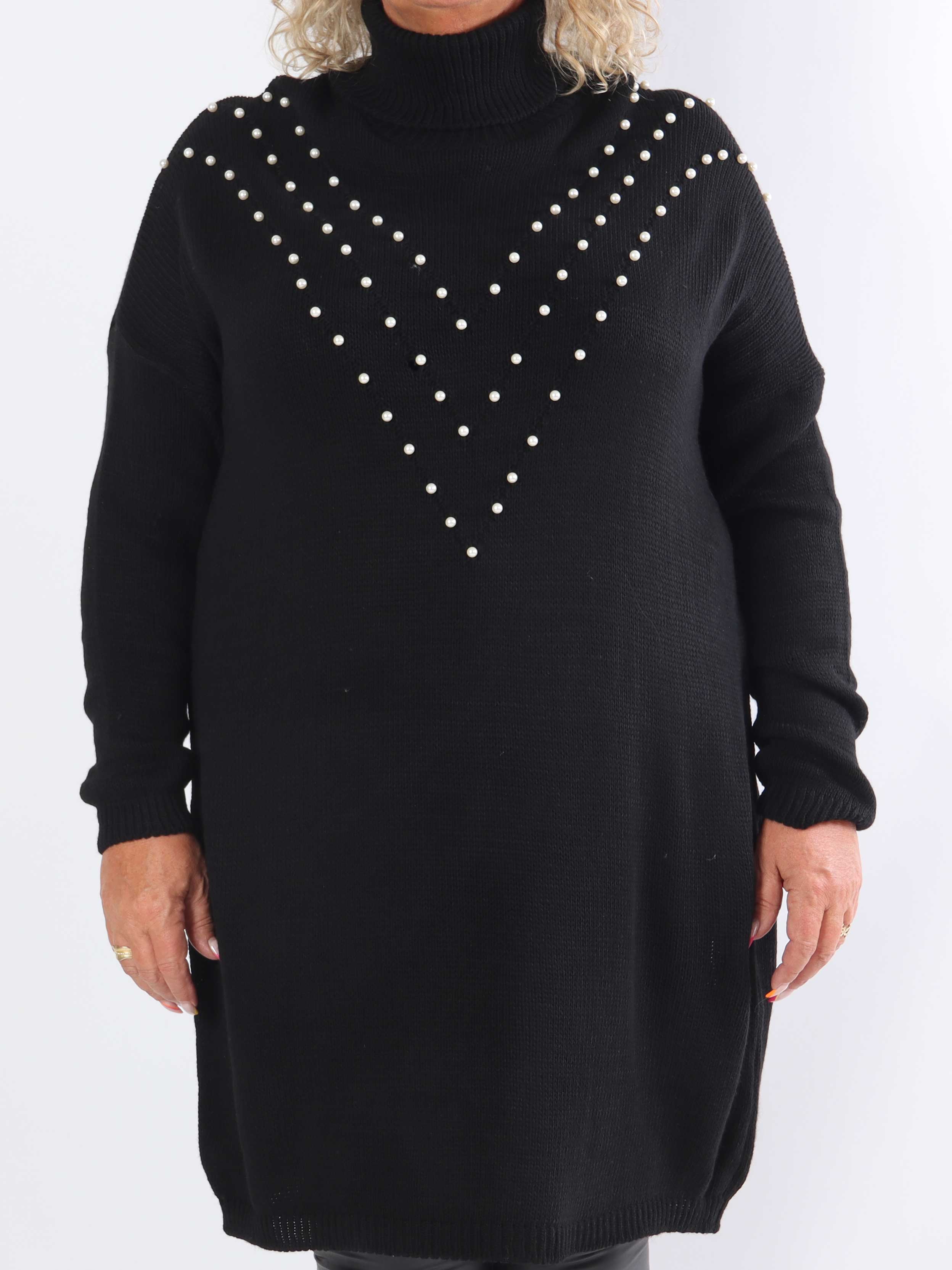 Desire - Strikkjole med turtleneck og hvide perler