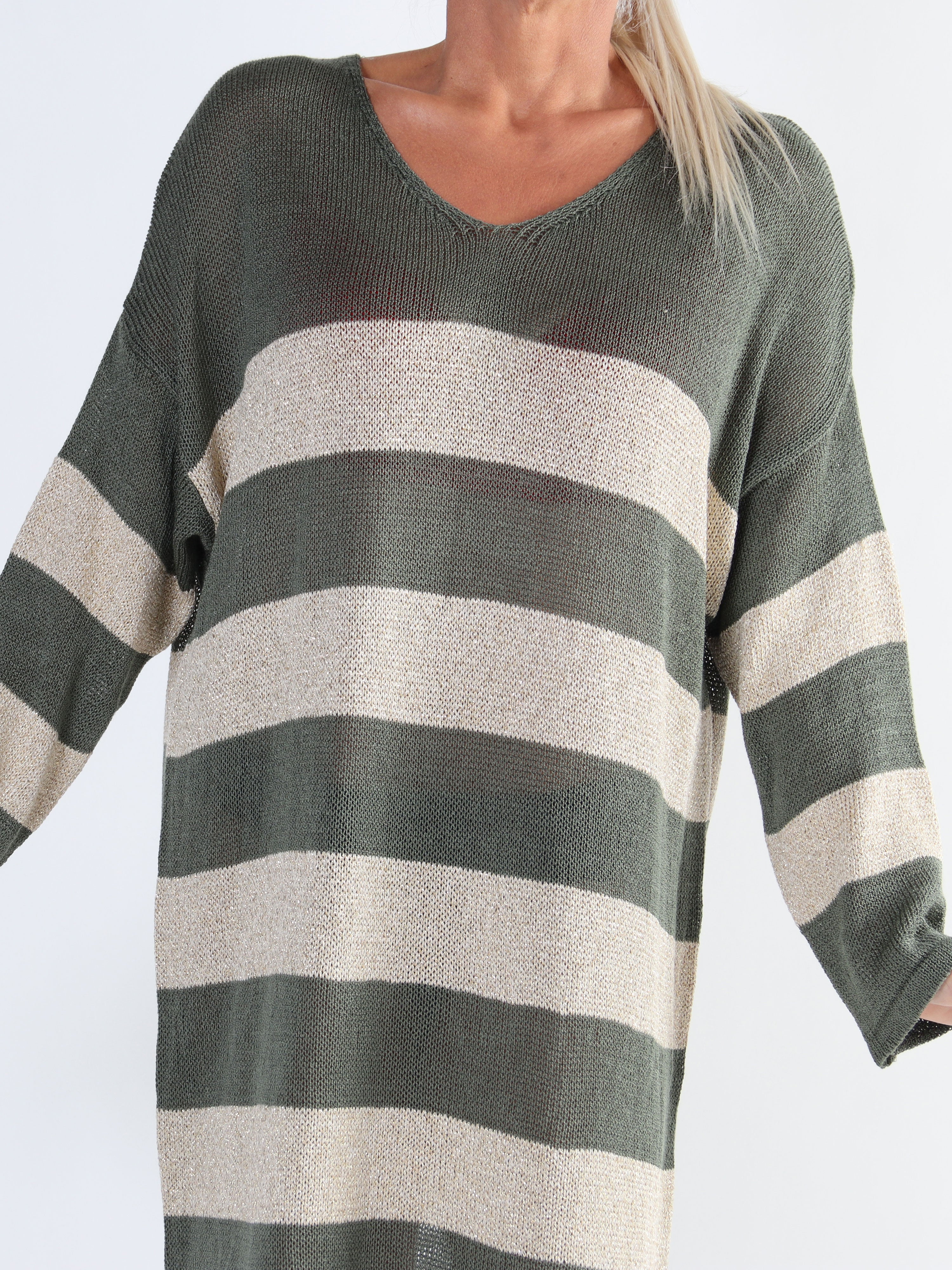 Dima Dress - Plus size strikkjole i viskose med guld striber