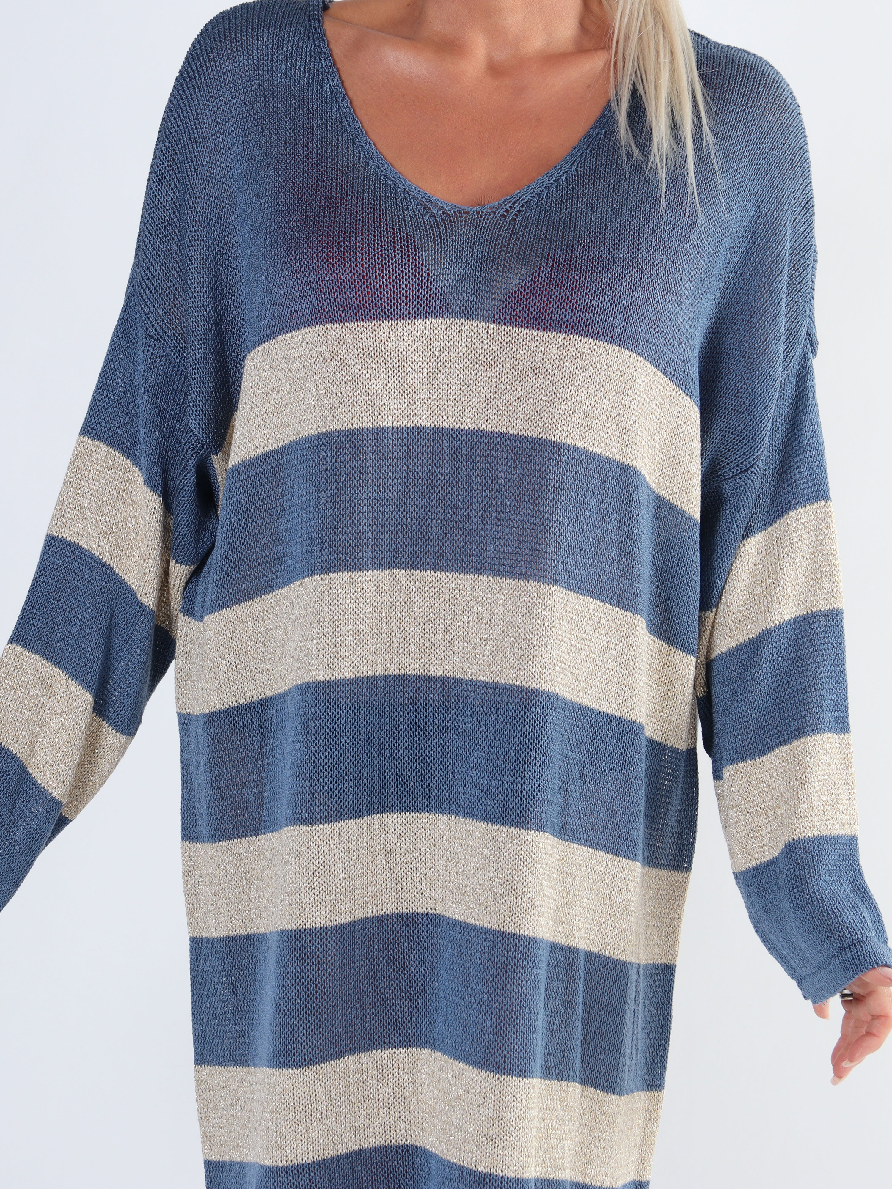 Dima Dress - Plus size strikkjole i viskose med guld striber