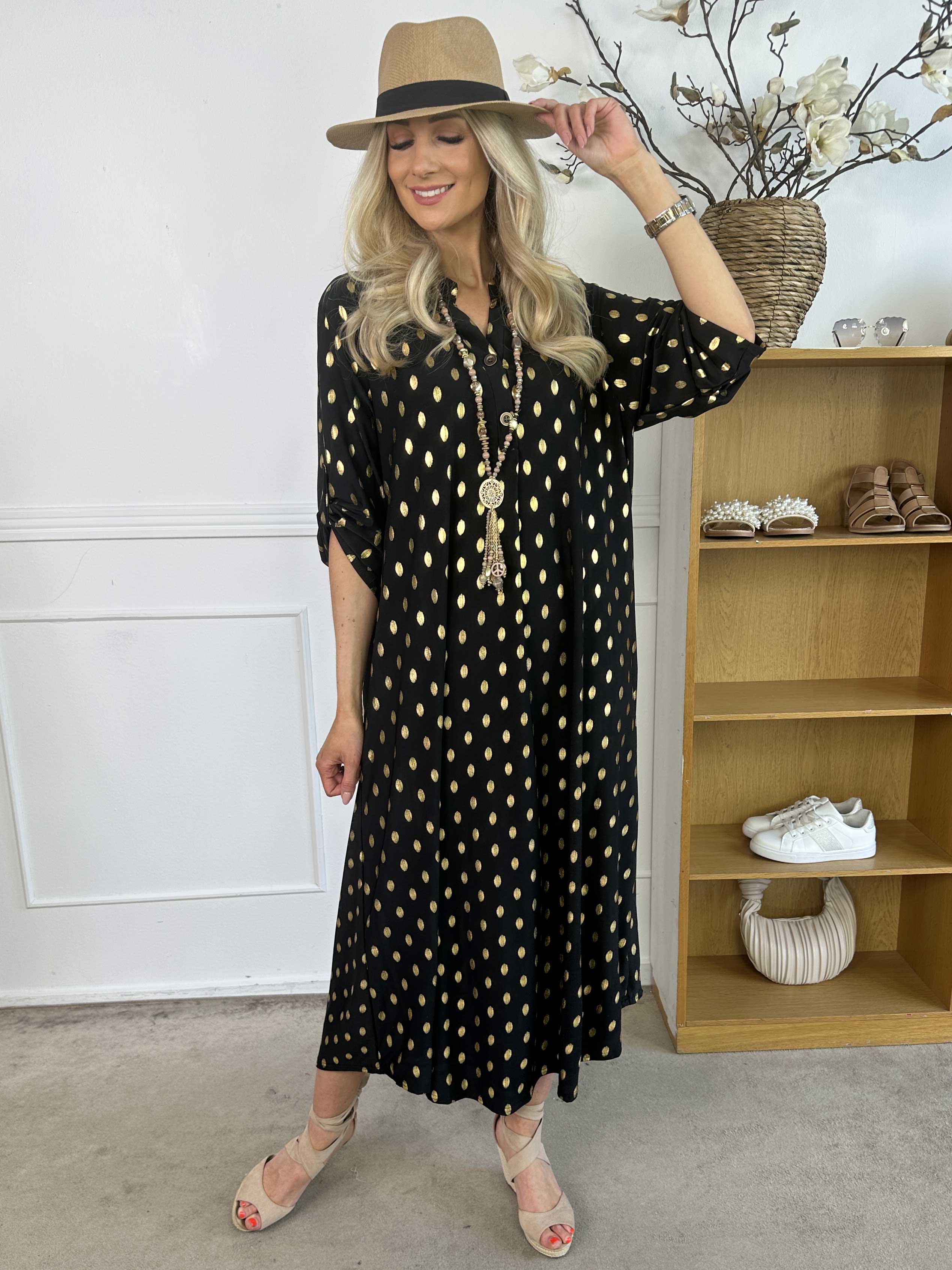 Ebba Gold Dress - Elastisk lang kjole med guld prikker