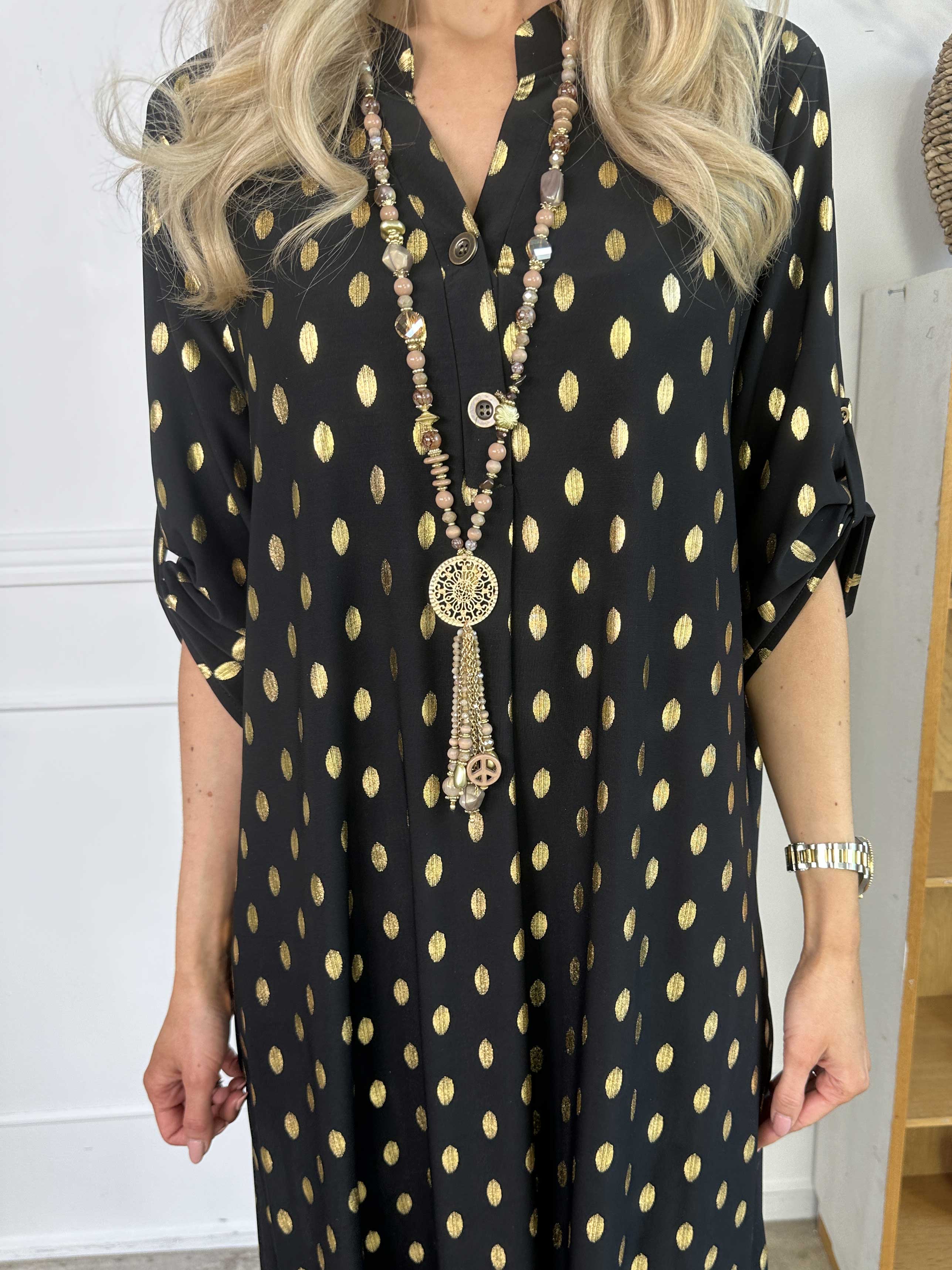 Ebba Gold Dress - Elastisk lang kjole med guld prikker