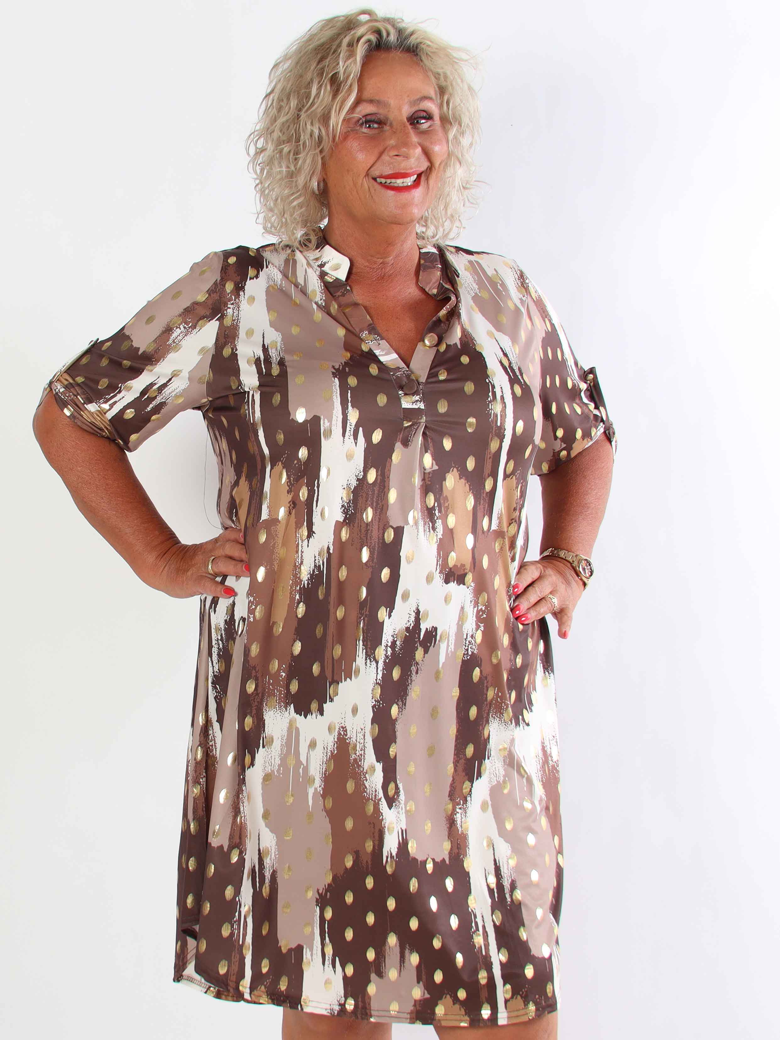 Ebba Paint Long - Elastisk flerfarvet plus size kjole med guld dutter