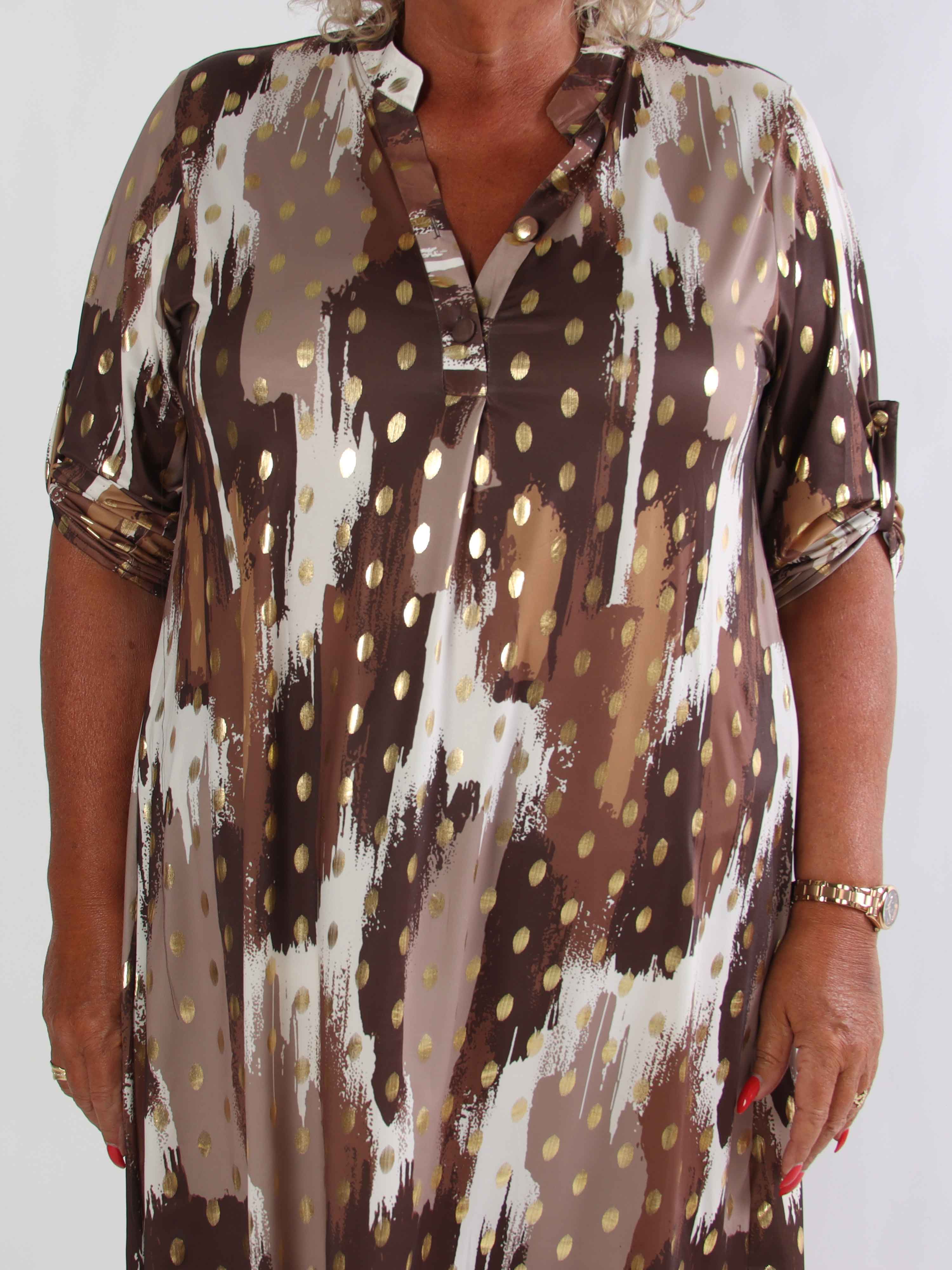 Ebba Paint Long - Elastisk flerfarvet plus size kjole med guld dutter