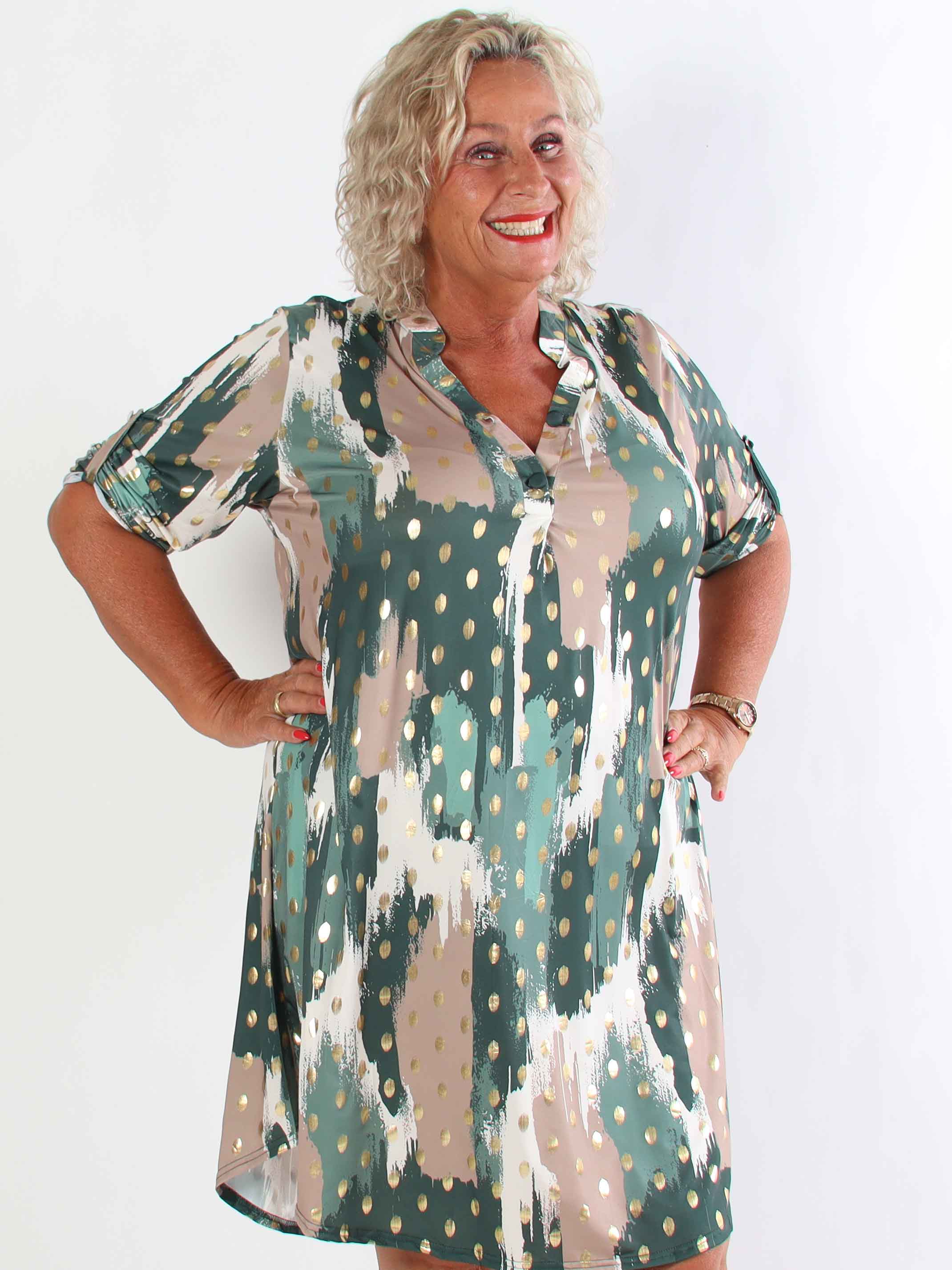 Ebba Paint Long - Elastisk flerfarvet plus size kjole med guld dutter