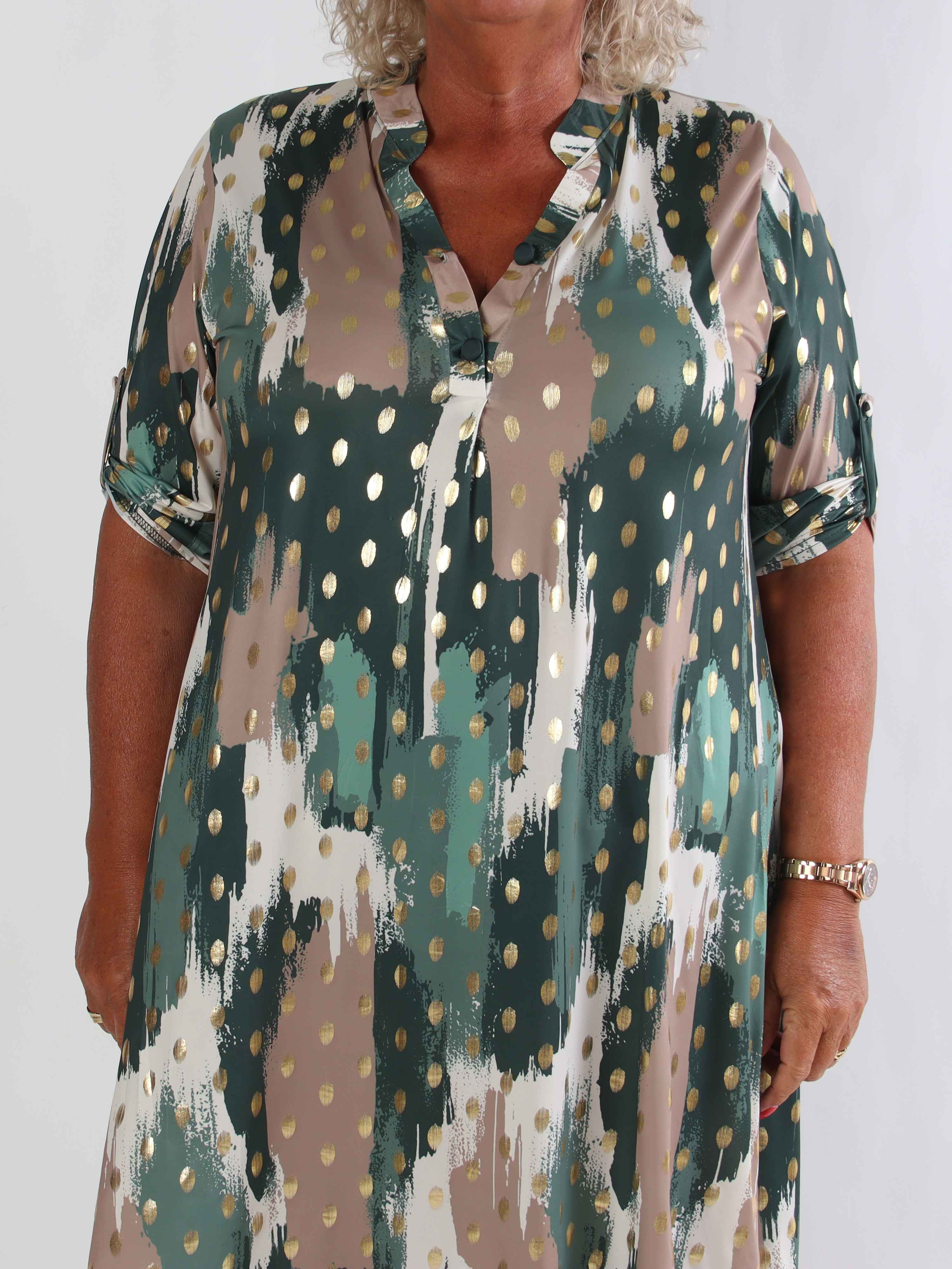Ebba Paint Long - Elastisk flerfarvet plus size kjole med guld dutter