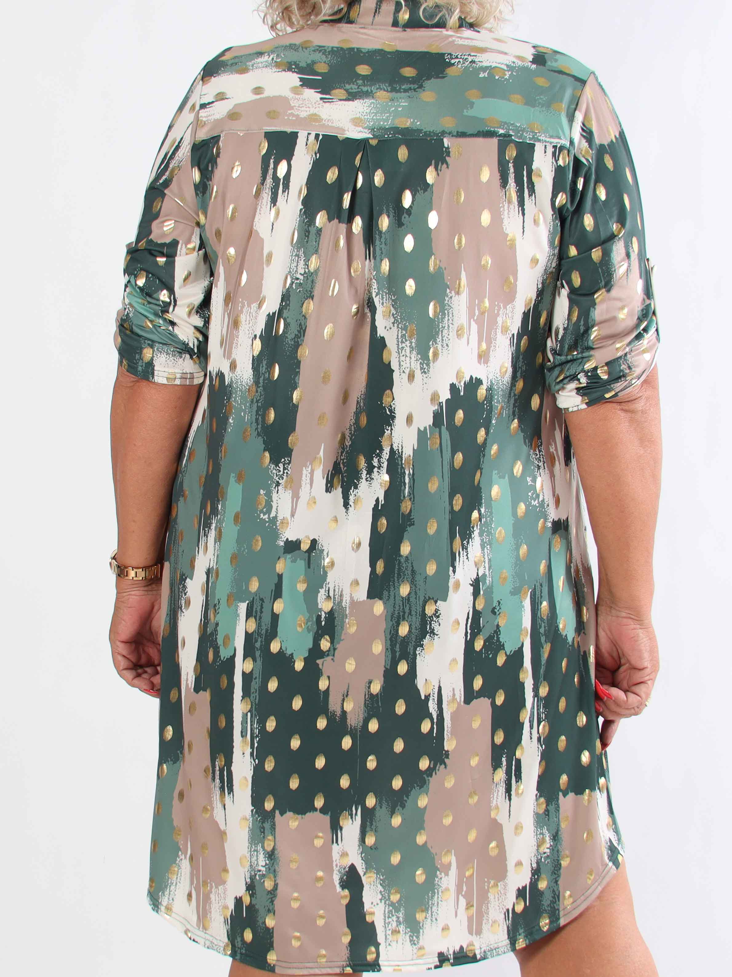 Ebba Paint Long - Elastisk flerfarvet plus size kjole med guld dutter