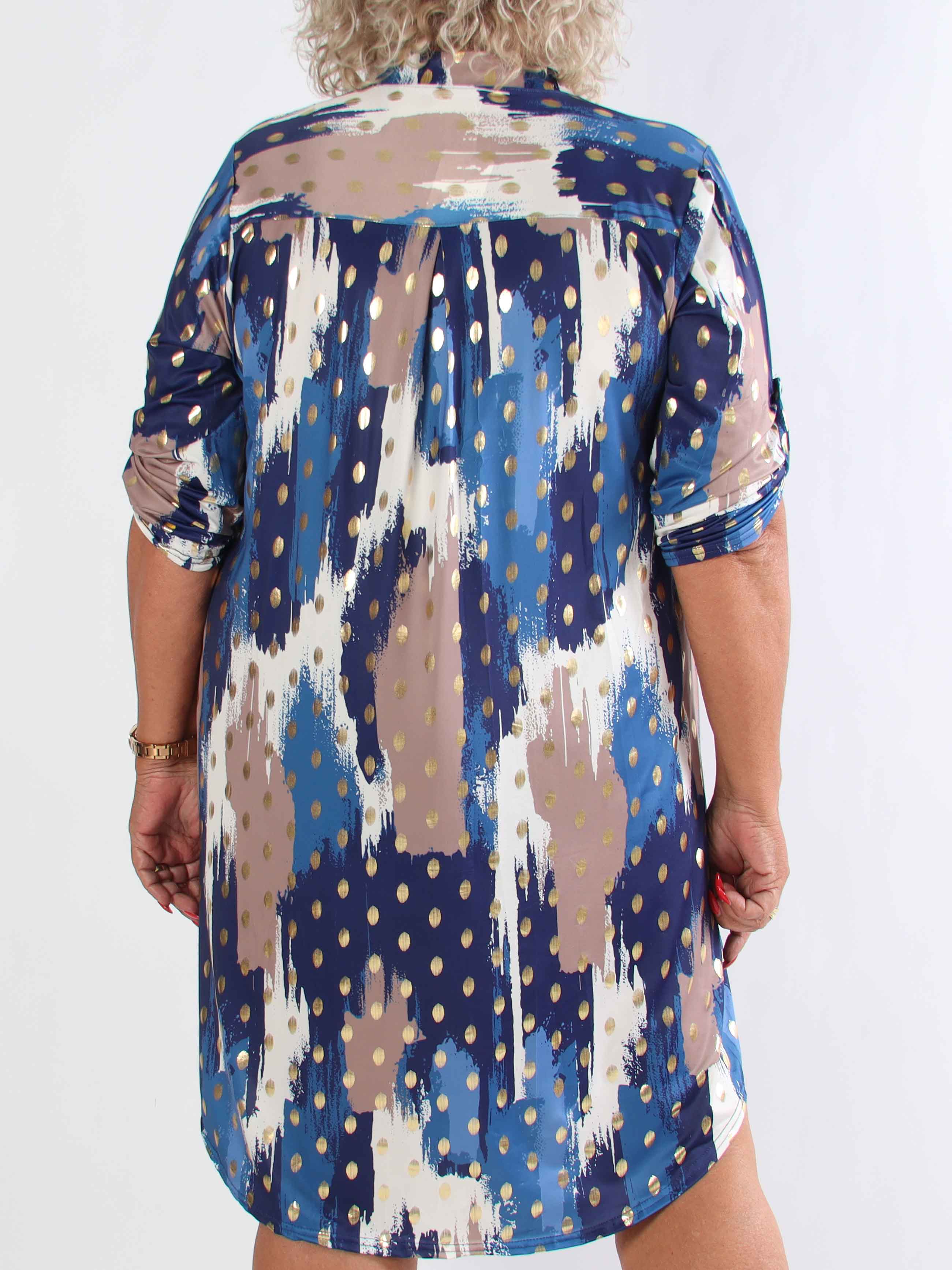 Ebba Paint Long - Elastisk flerfarvet plus size kjole med guld dutter