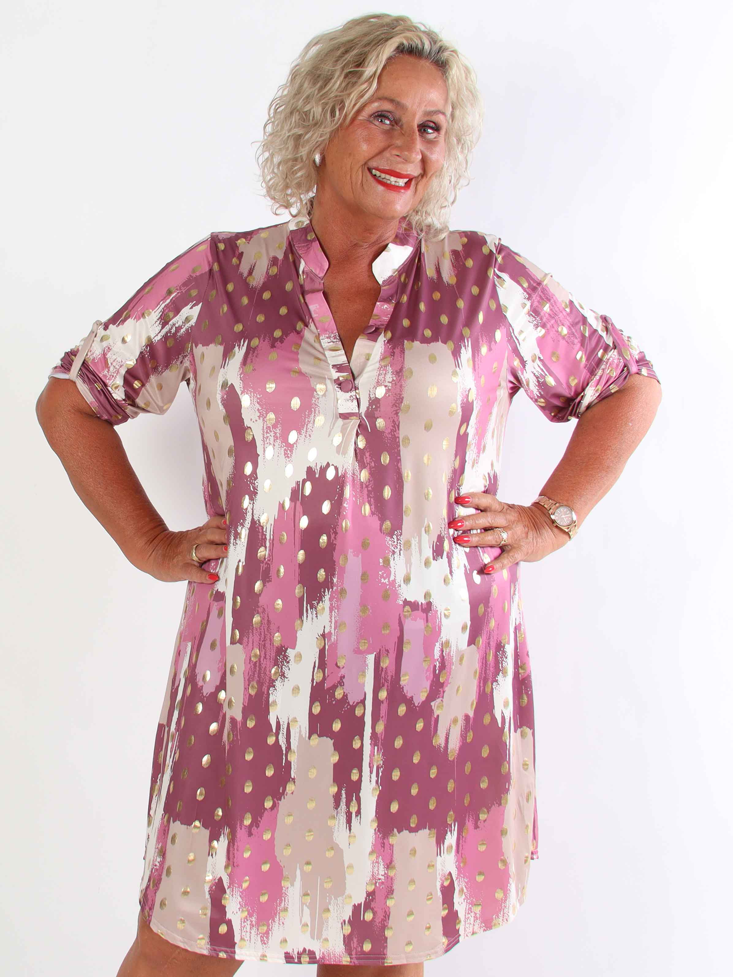 Ebba Paint Long - Elastisk flerfarvet plus size kjole med guld dutter