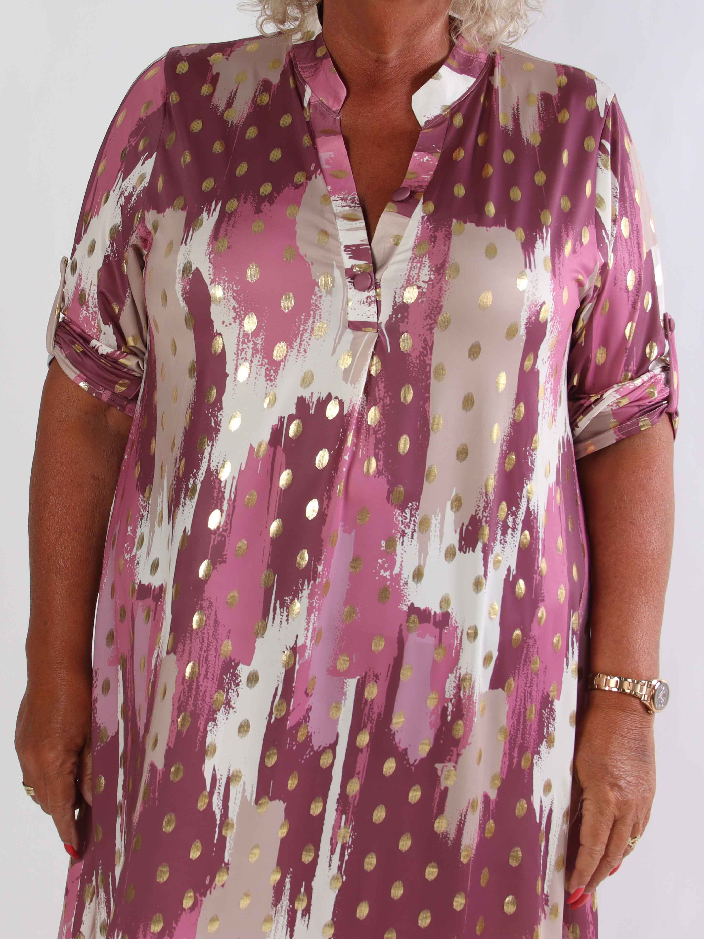 Ebba Paint Long - Elastisk flerfarvet plus size kjole med guld dutter
