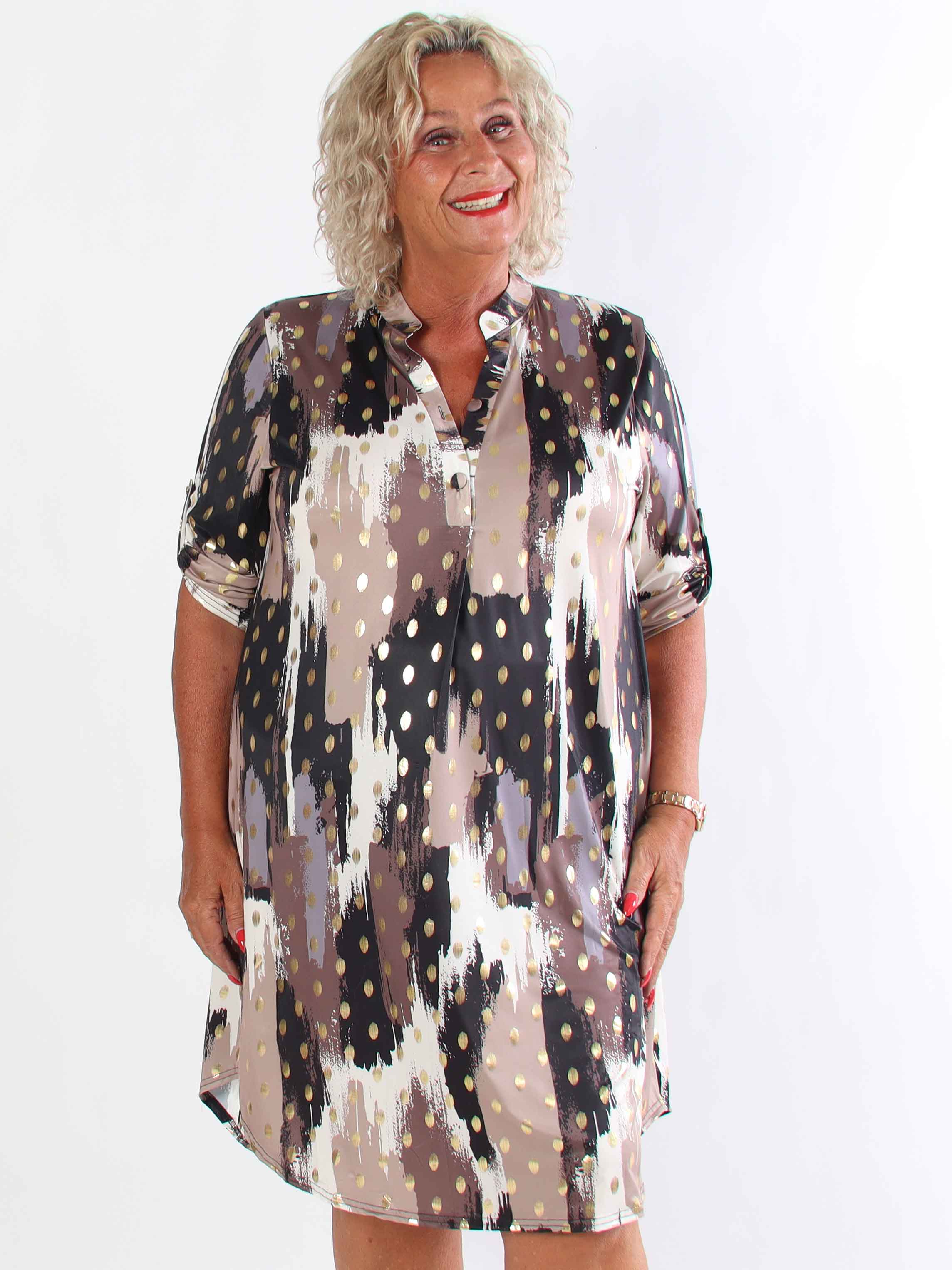 Ebba Paint Long - Elastisk flerfarvet plus size kjole med guld dutter