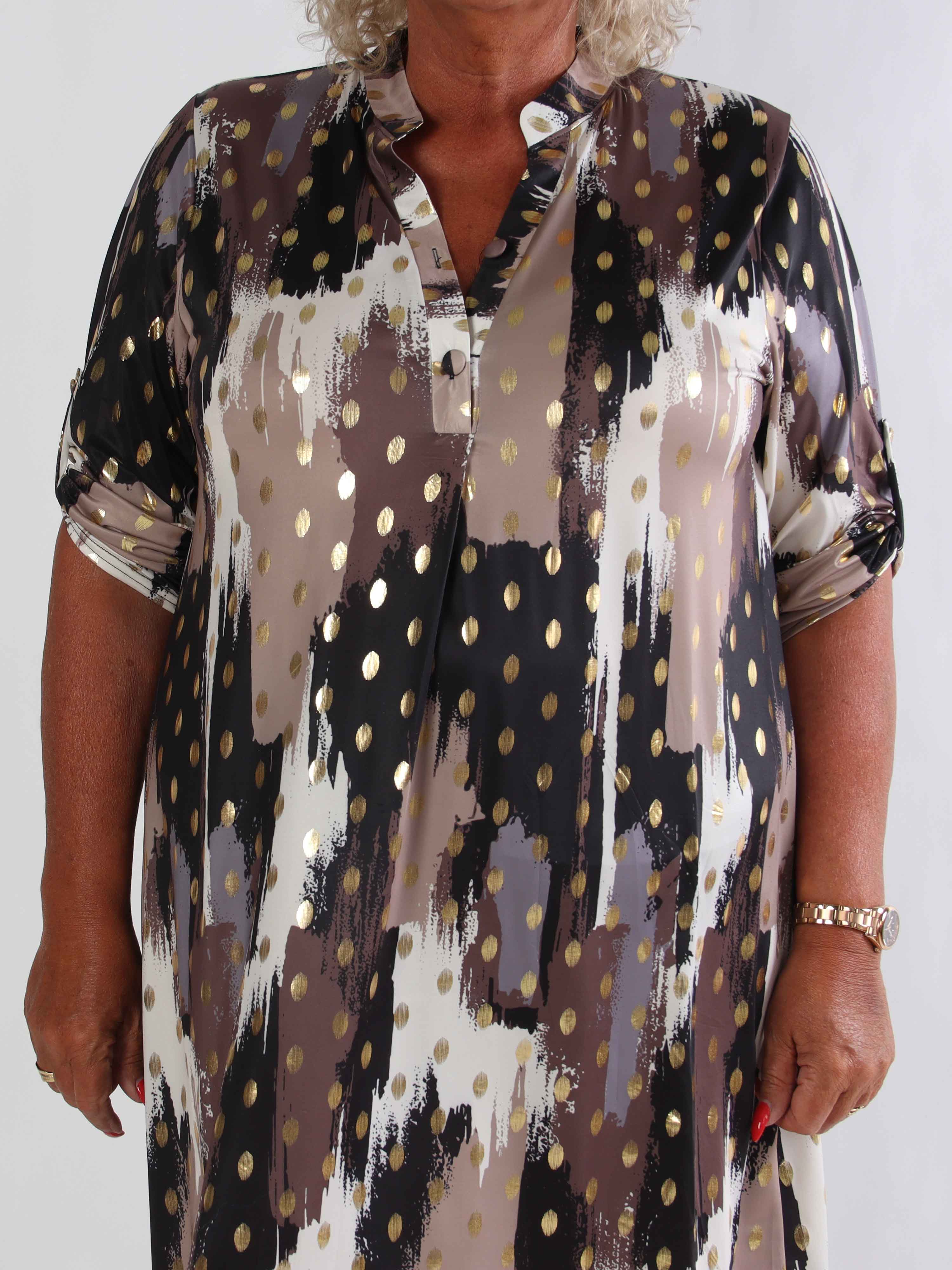 Ebba Paint Long - Elastisk flerfarvet plus size kjole med guld dutter