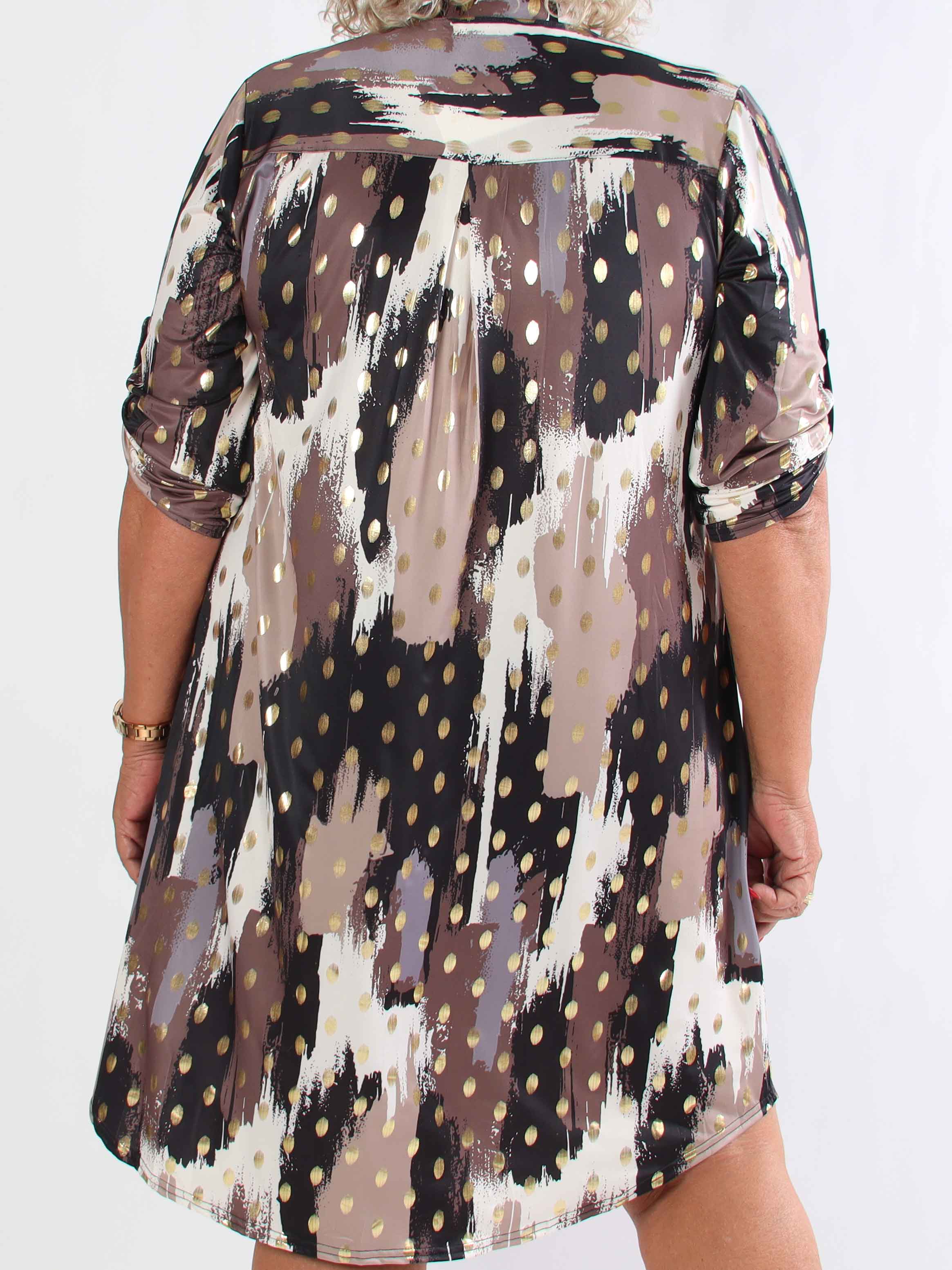 Ebba Paint Long - Elastisk flerfarvet plus size kjole med guld dutter