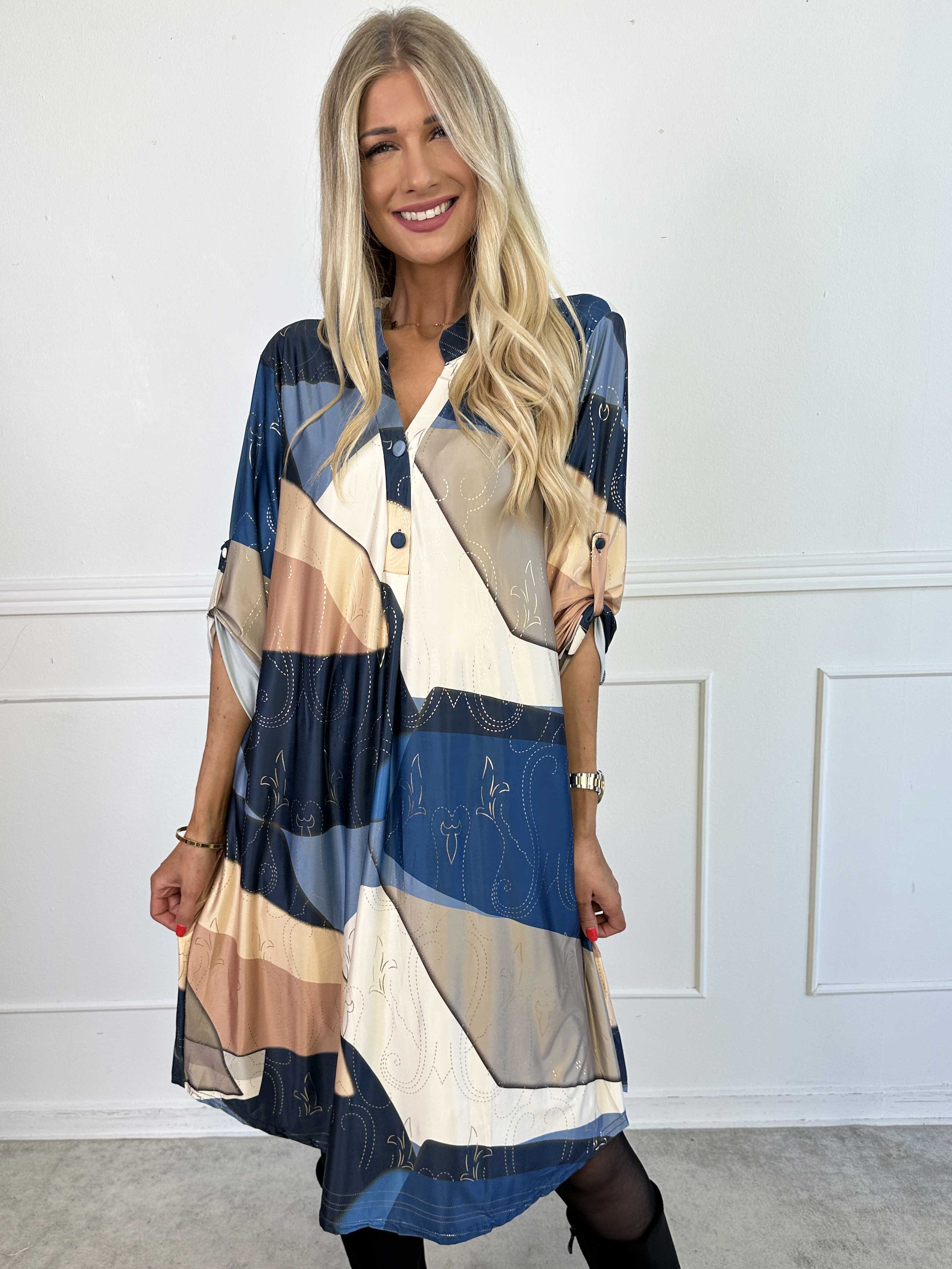 Ebba Abstract Long - Flerfarvet elastisk kjole med fint guld mønster