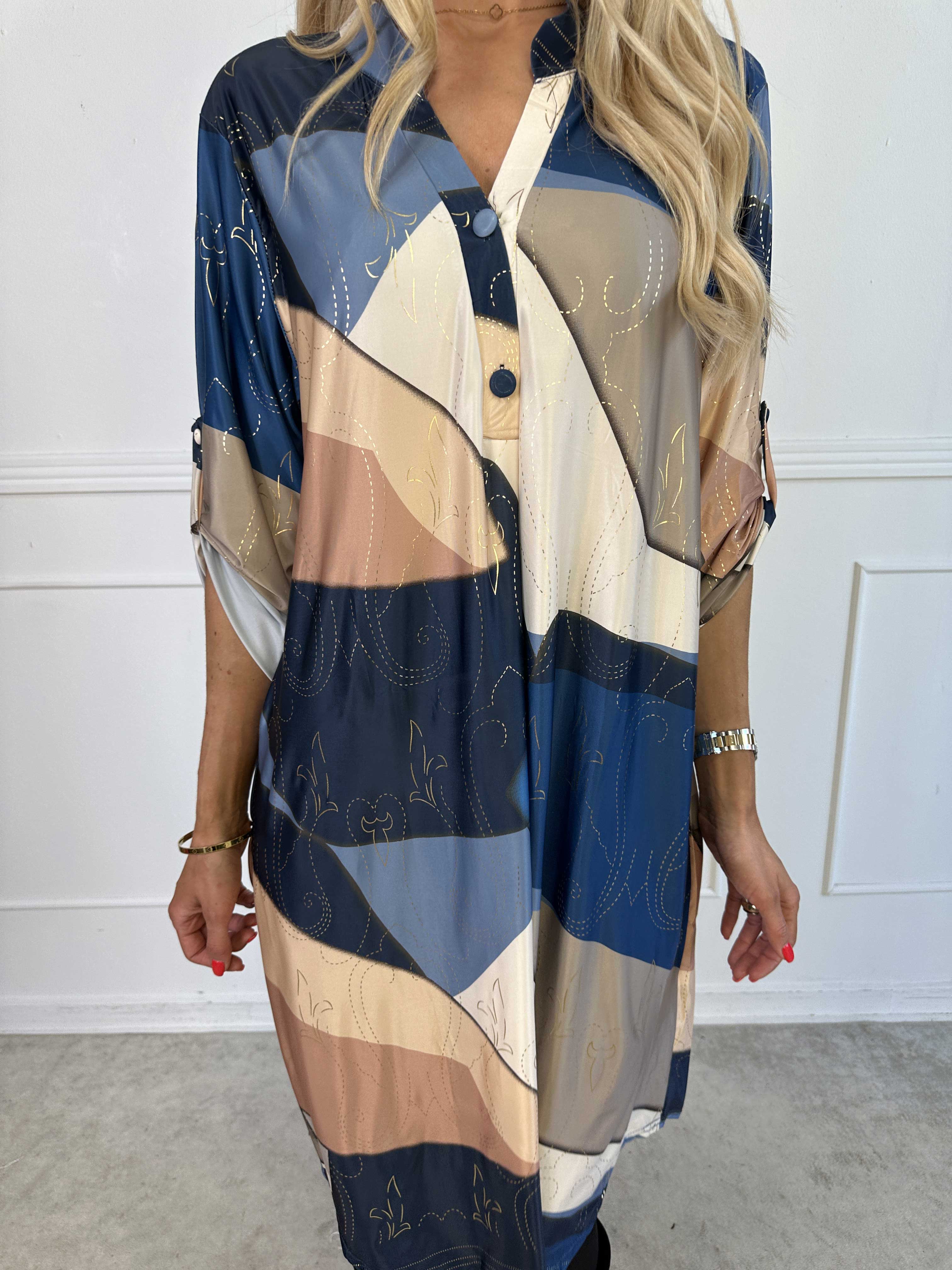 Ebba Abstract Long - Flerfarvet elastisk kjole med fint guld mønster