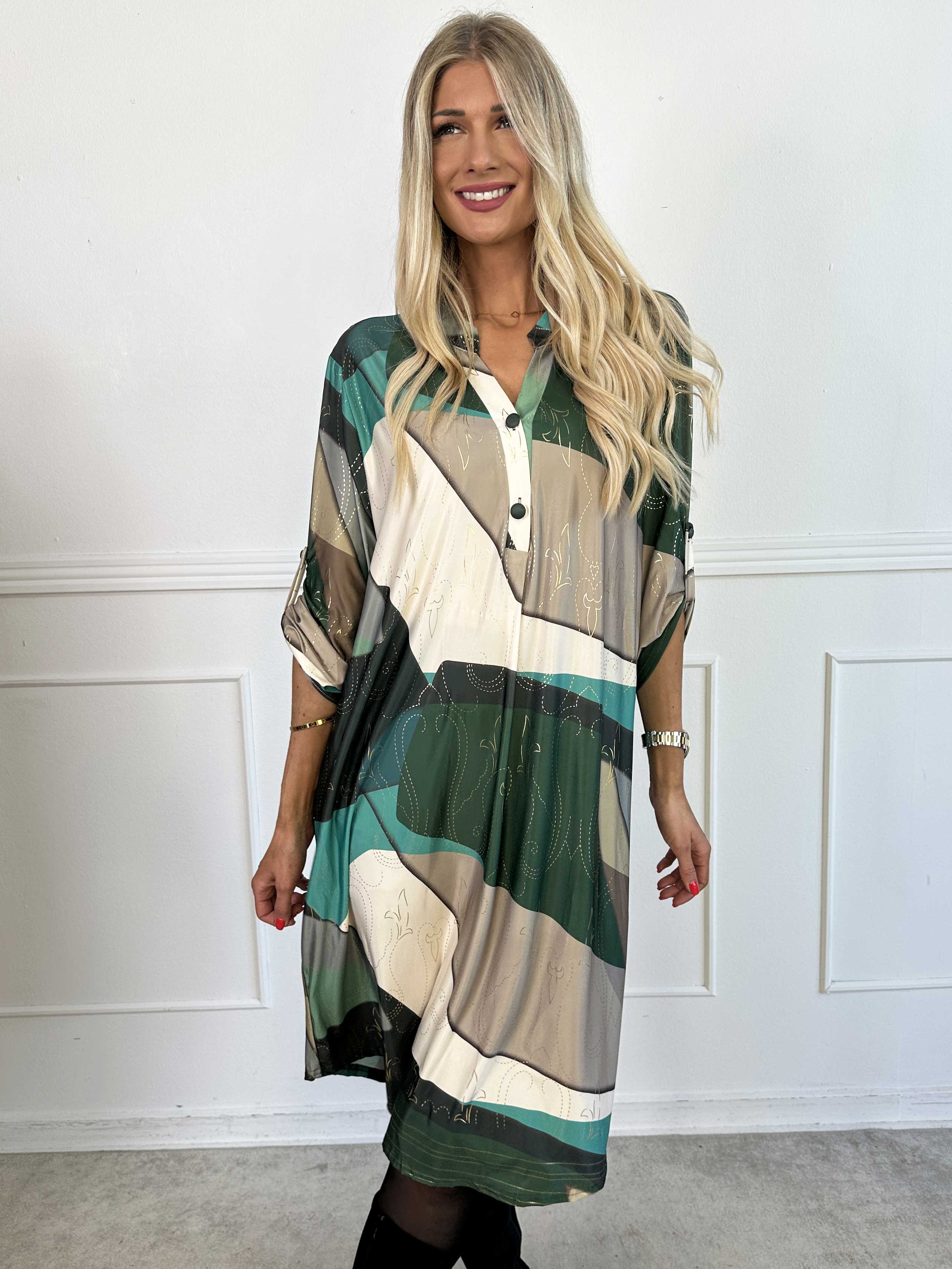 Ebba Abstract Long - Flerfarvet elastisk kjole med fint guld mønster