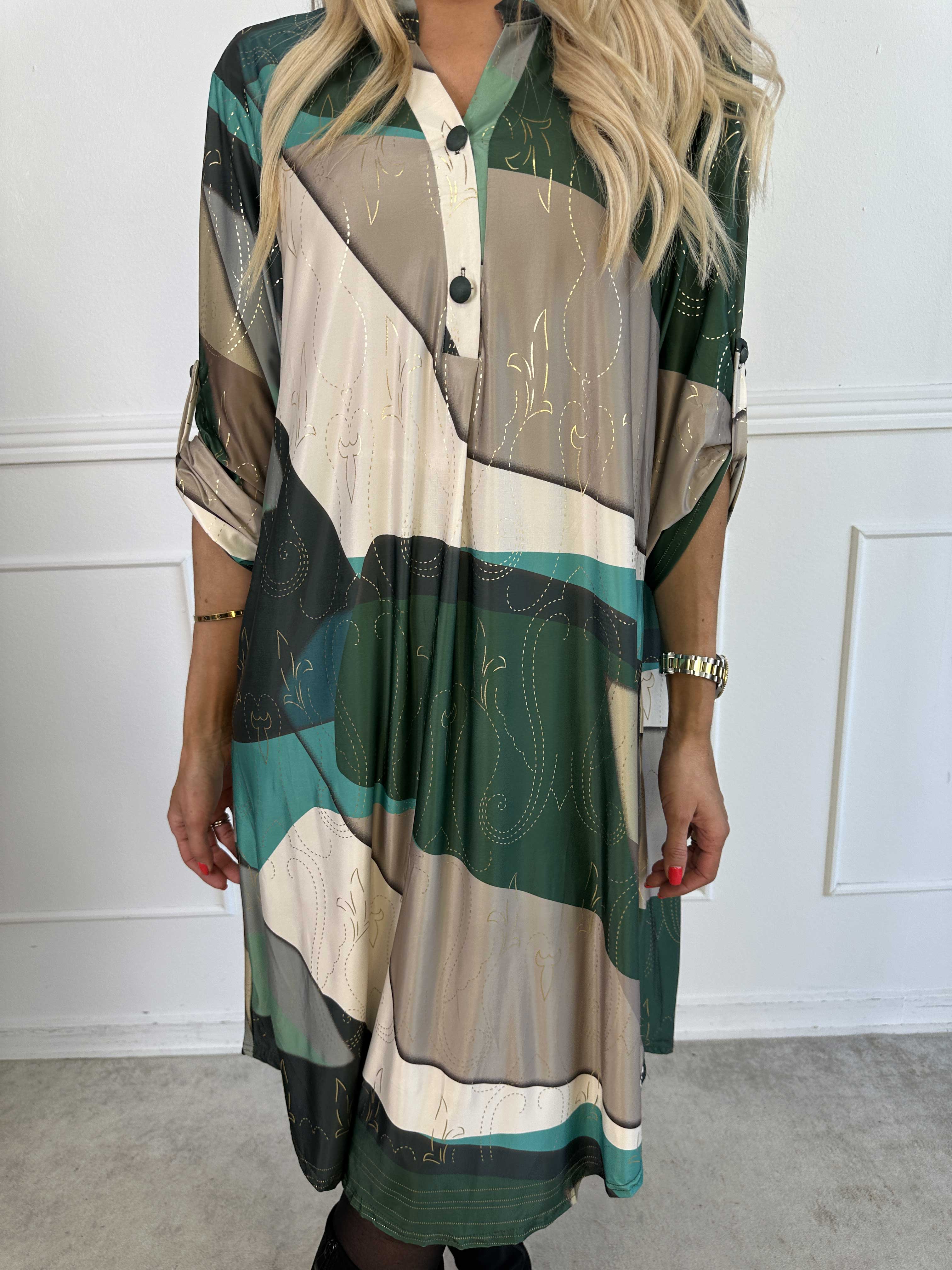 Ebba Abstract Long - Flerfarvet elastisk kjole med fint guld mønster