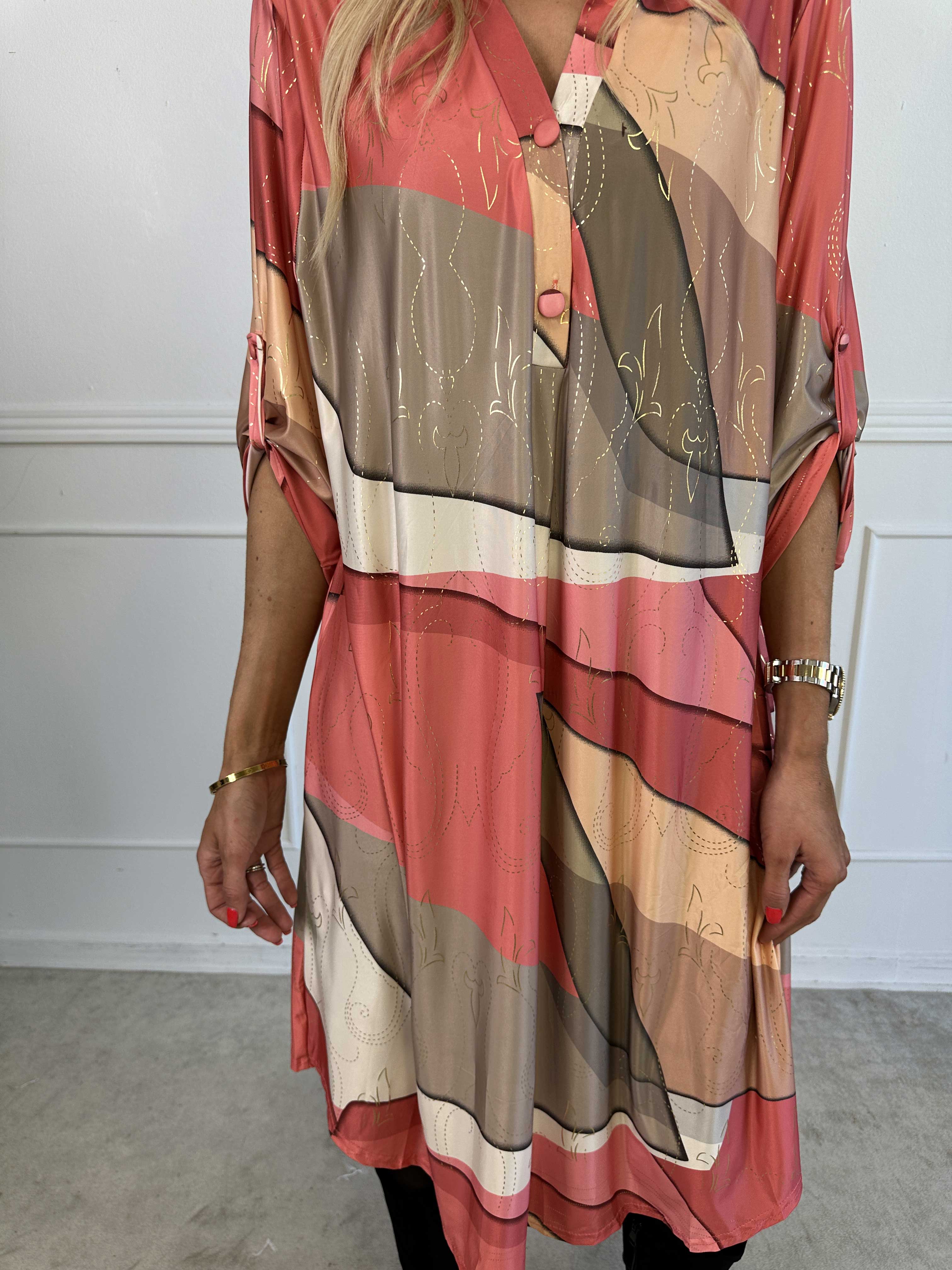 Ebba Abstract Long - Flerfarvet elastisk kjole med fint guld mønster