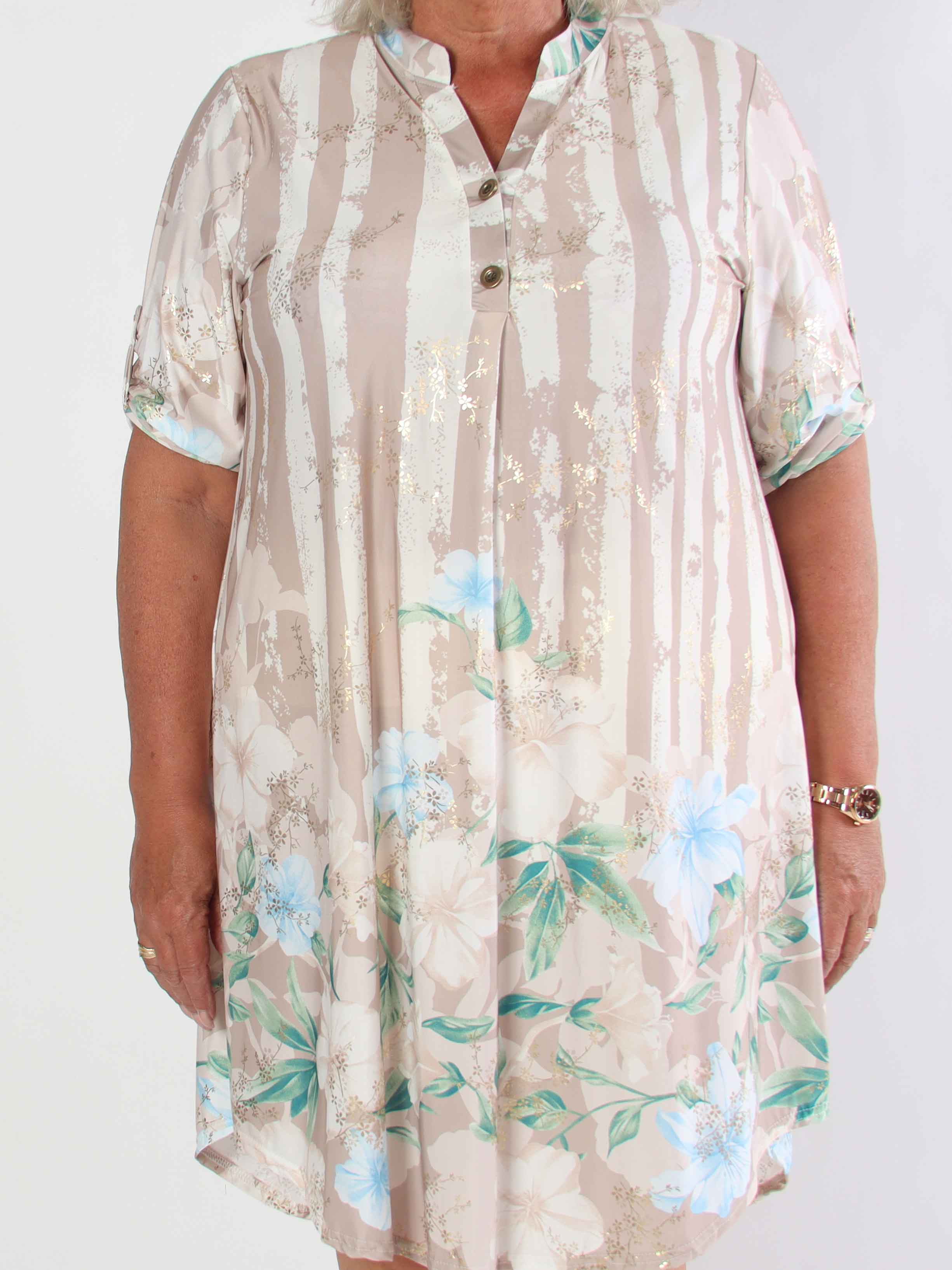 Ebba Floral Stripe Long - Elastisk plus size kjole med guld detaljer