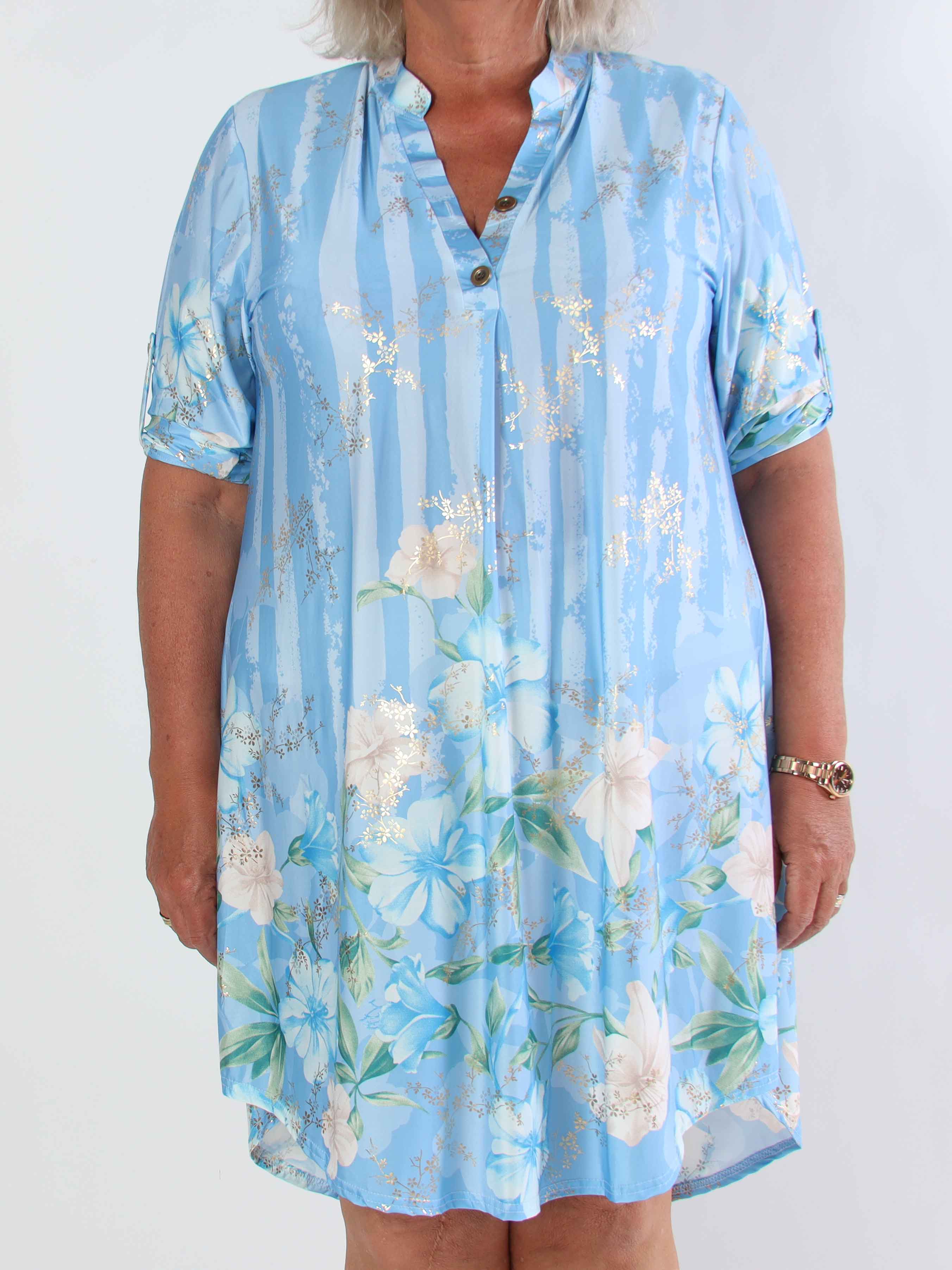 Ebba Floral Stripe Long - Elastisk plus size kjole med guld detaljer