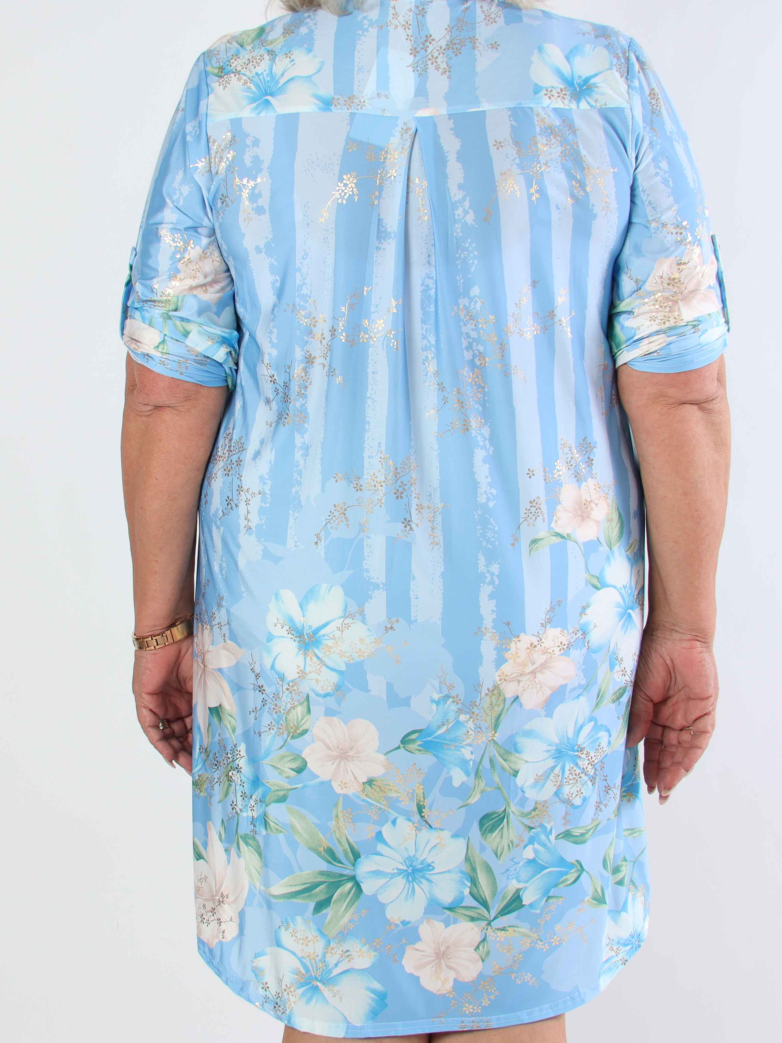 Ebba Floral Stripe Long - Elastisk plus size kjole med guld detaljer