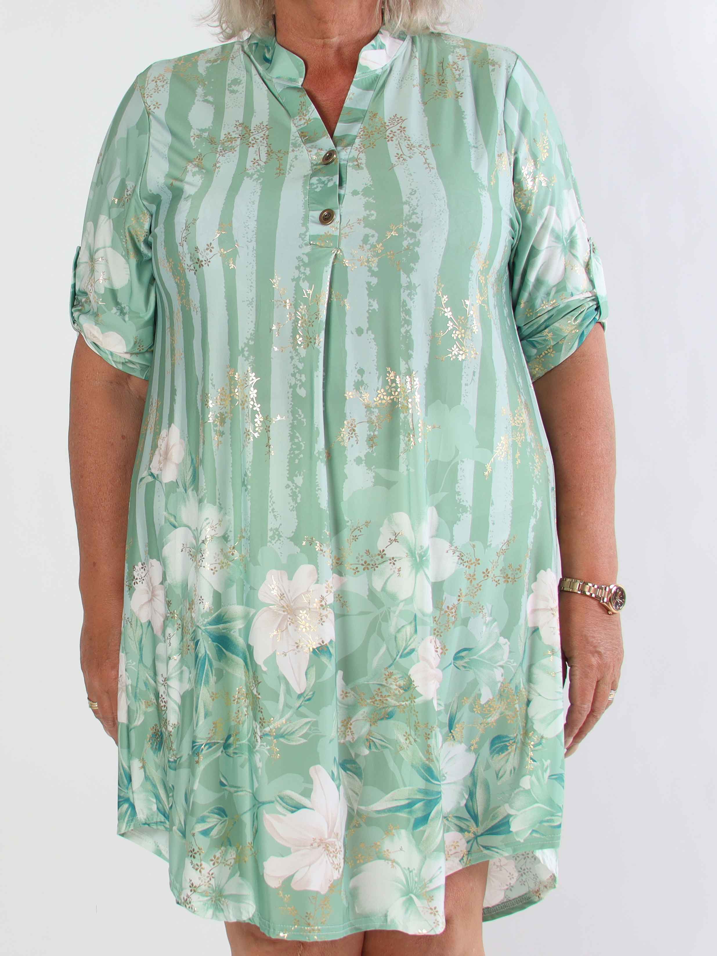 Ebba Floral Stripe Long - Elastisk plus size kjole med guld detaljer
