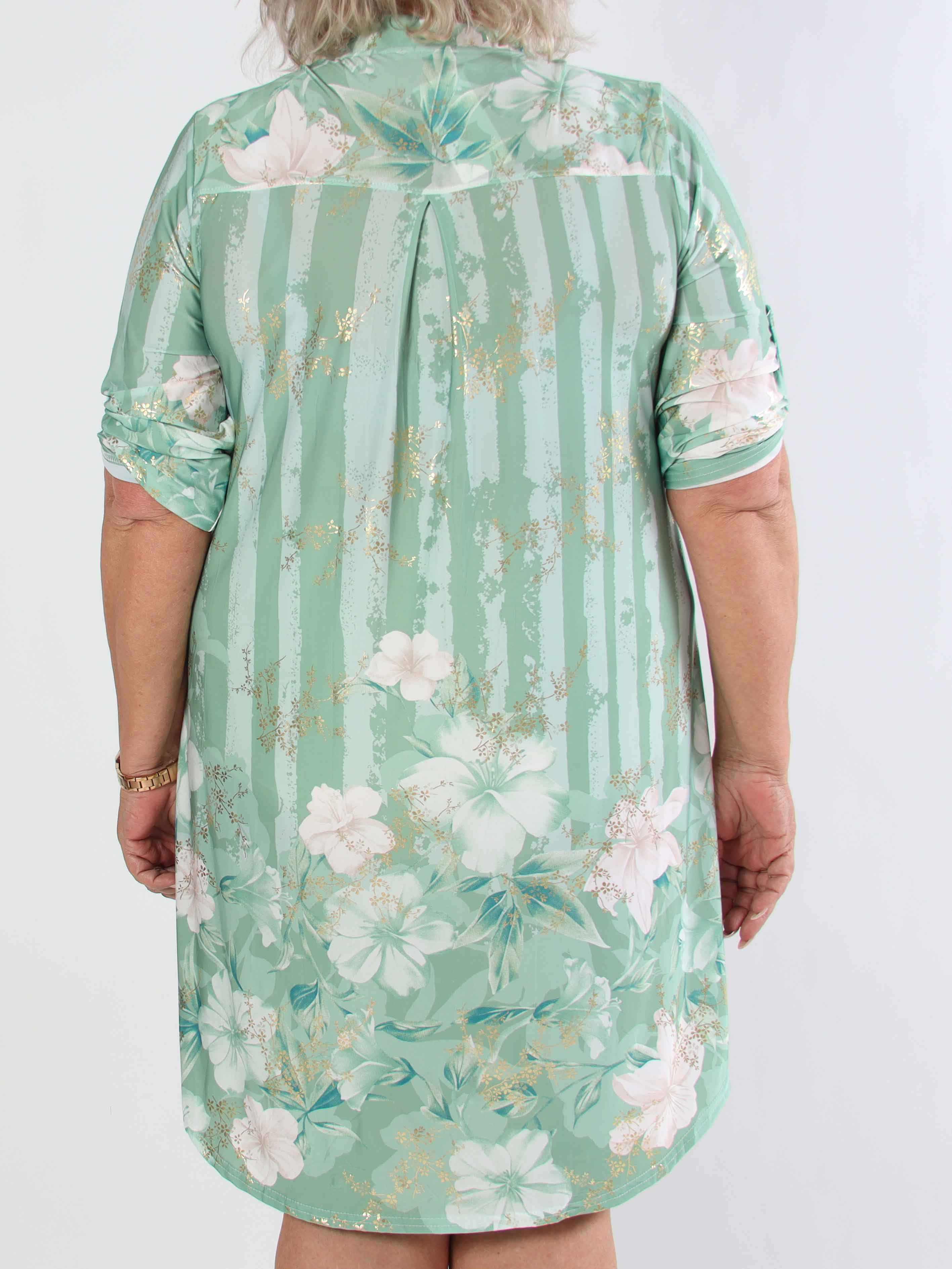 Ebba Floral Stripe Long - Elastisk plus size kjole med guld detaljer