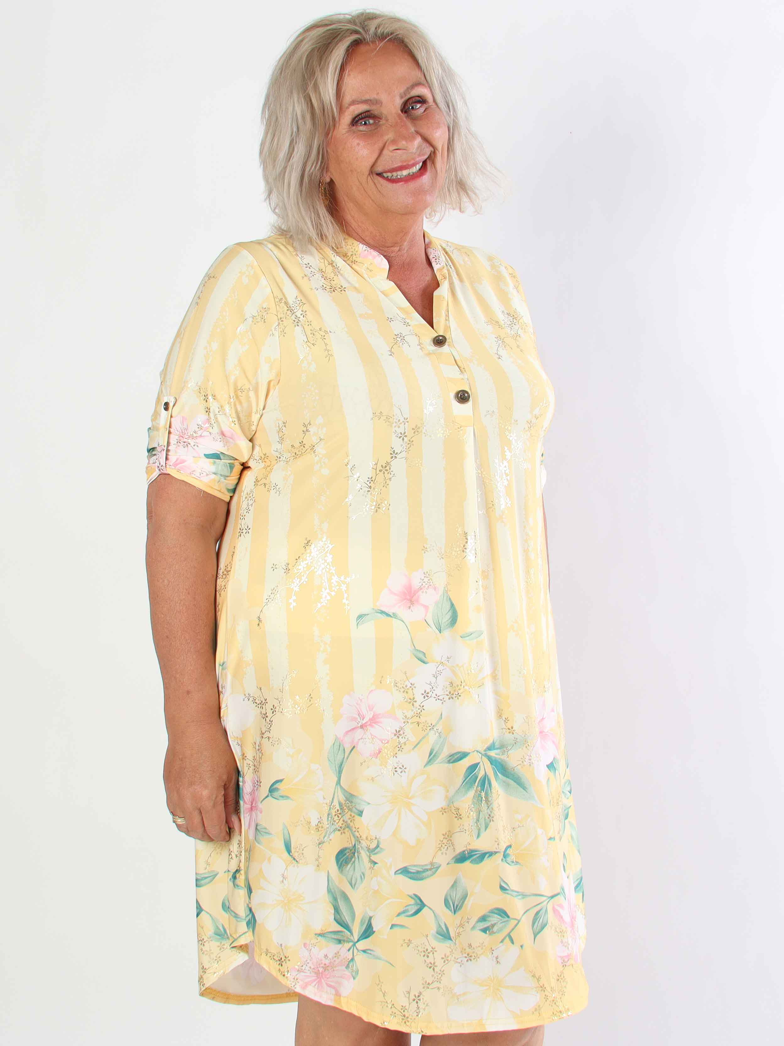 Ebba Floral Stripe Long - Elastisk plus size kjole med guld detaljer