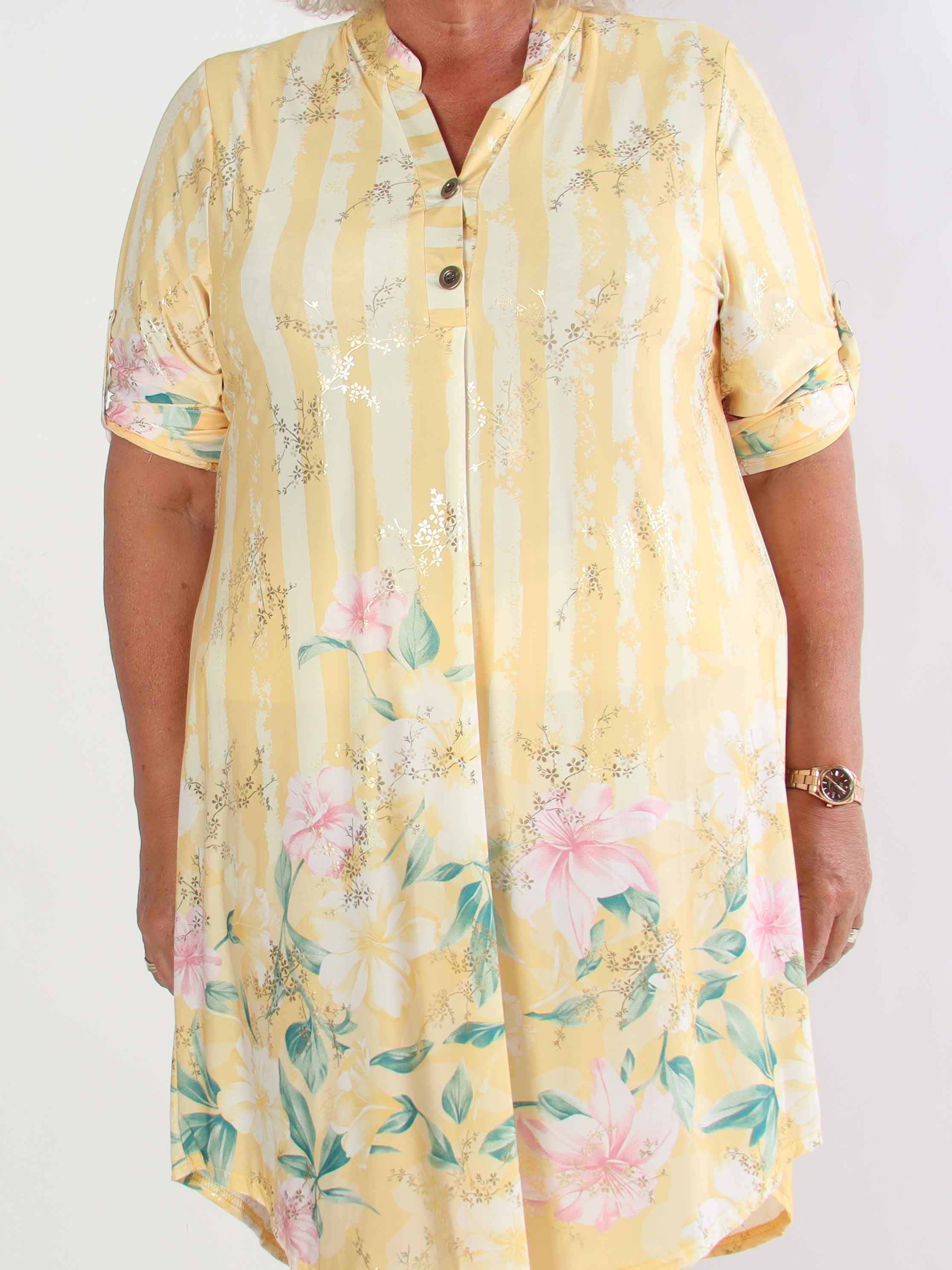 Ebba Floral Stripe Long - Elastisk plus size kjole med guld detaljer