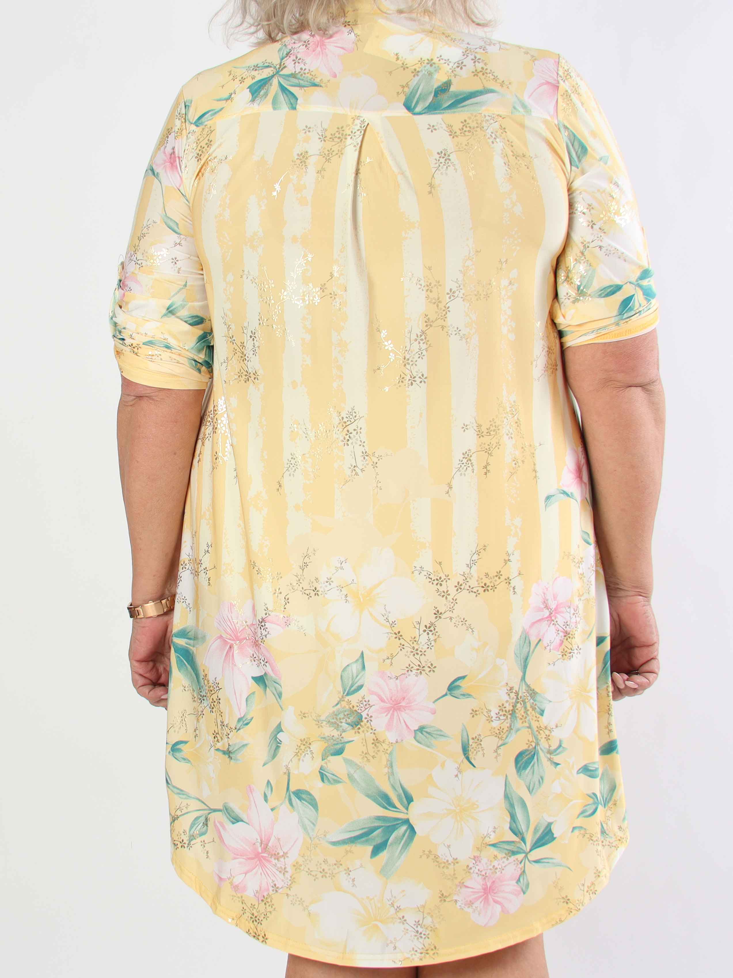 Ebba Floral Stripe Long - Elastisk plus size kjole med guld detaljer