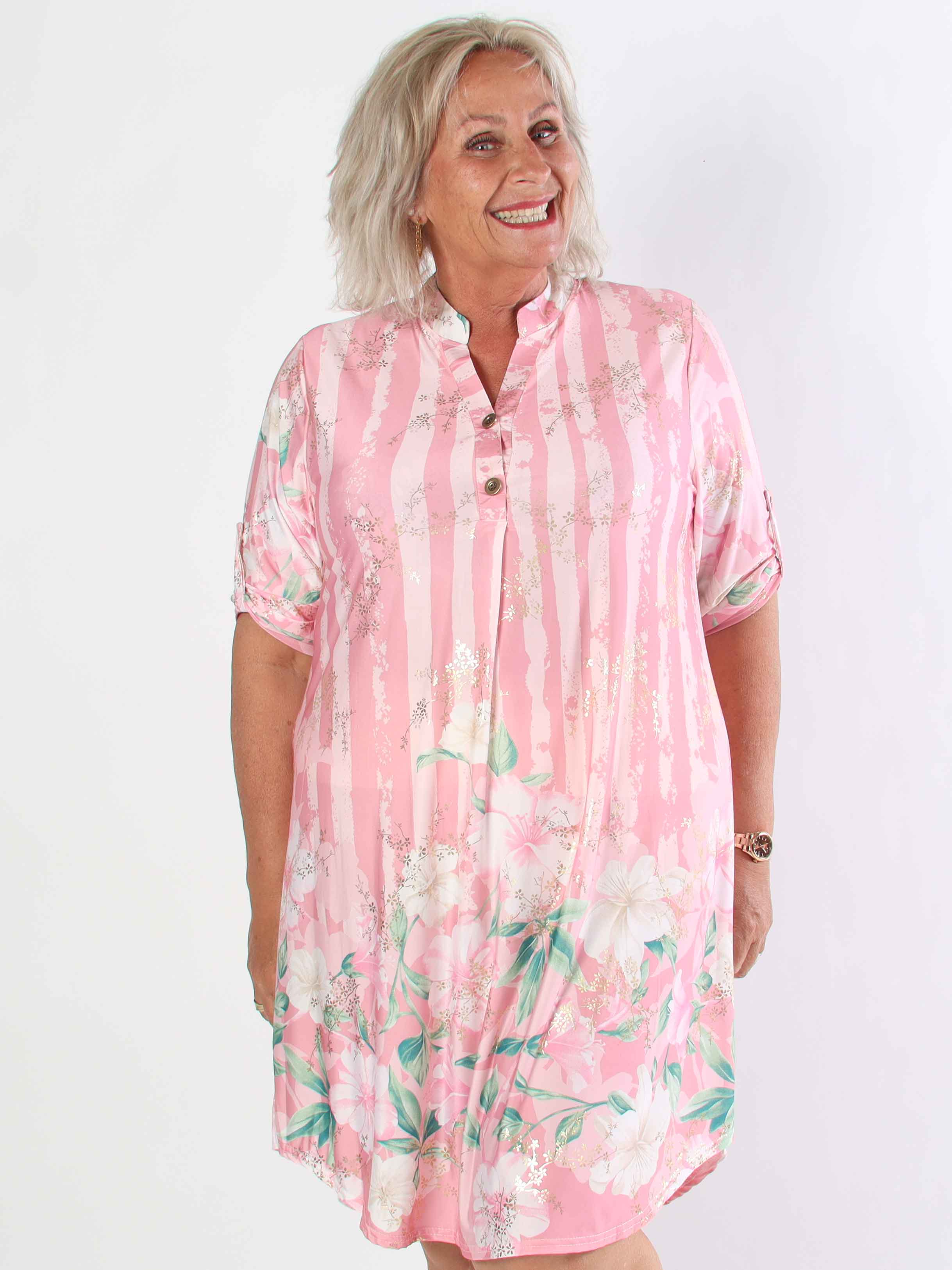 Ebba Floral Stripe Long - Elastisk plus size kjole med guld detaljer