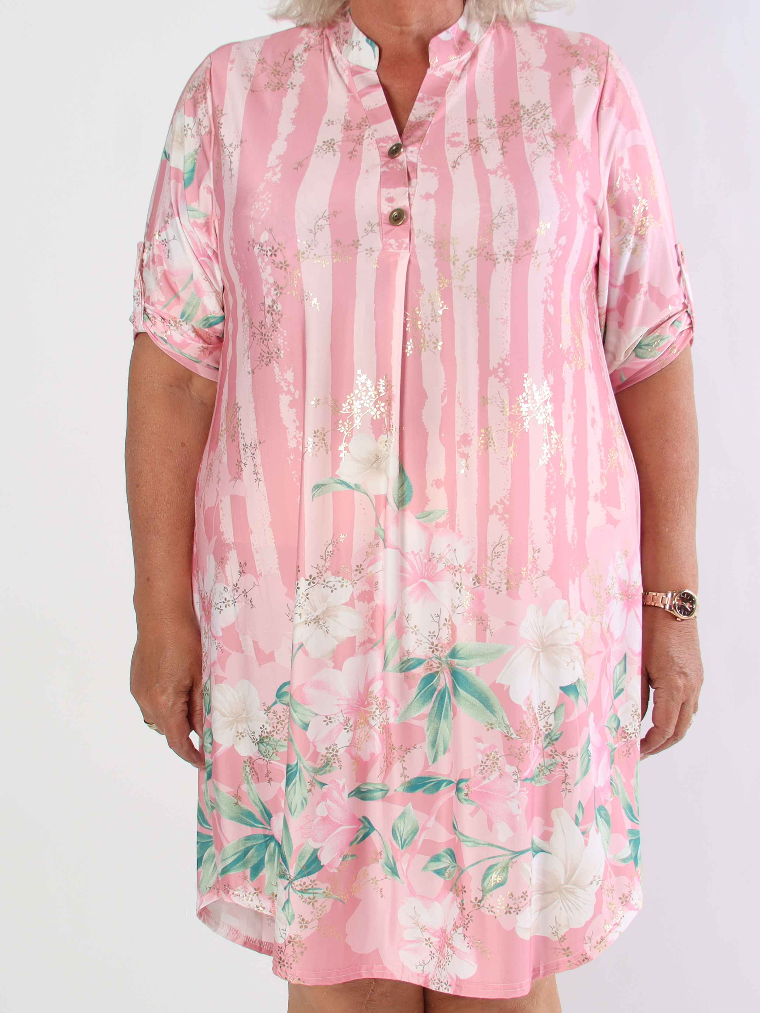 Ebba Floral Stripe Long - Elastisk plus size kjole med guld detaljer