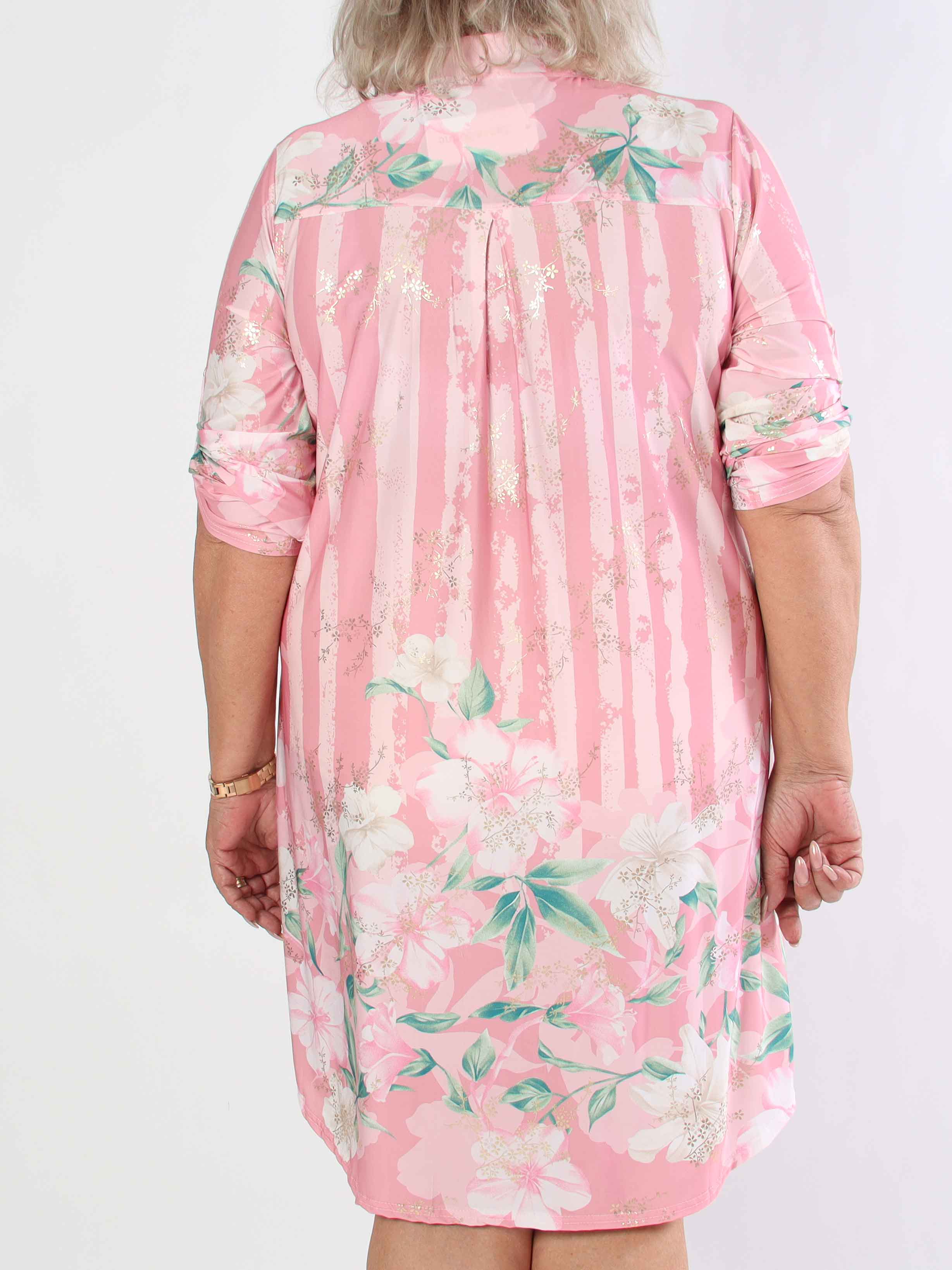 Ebba Floral Stripe Long - Elastisk plus size kjole med guld detaljer