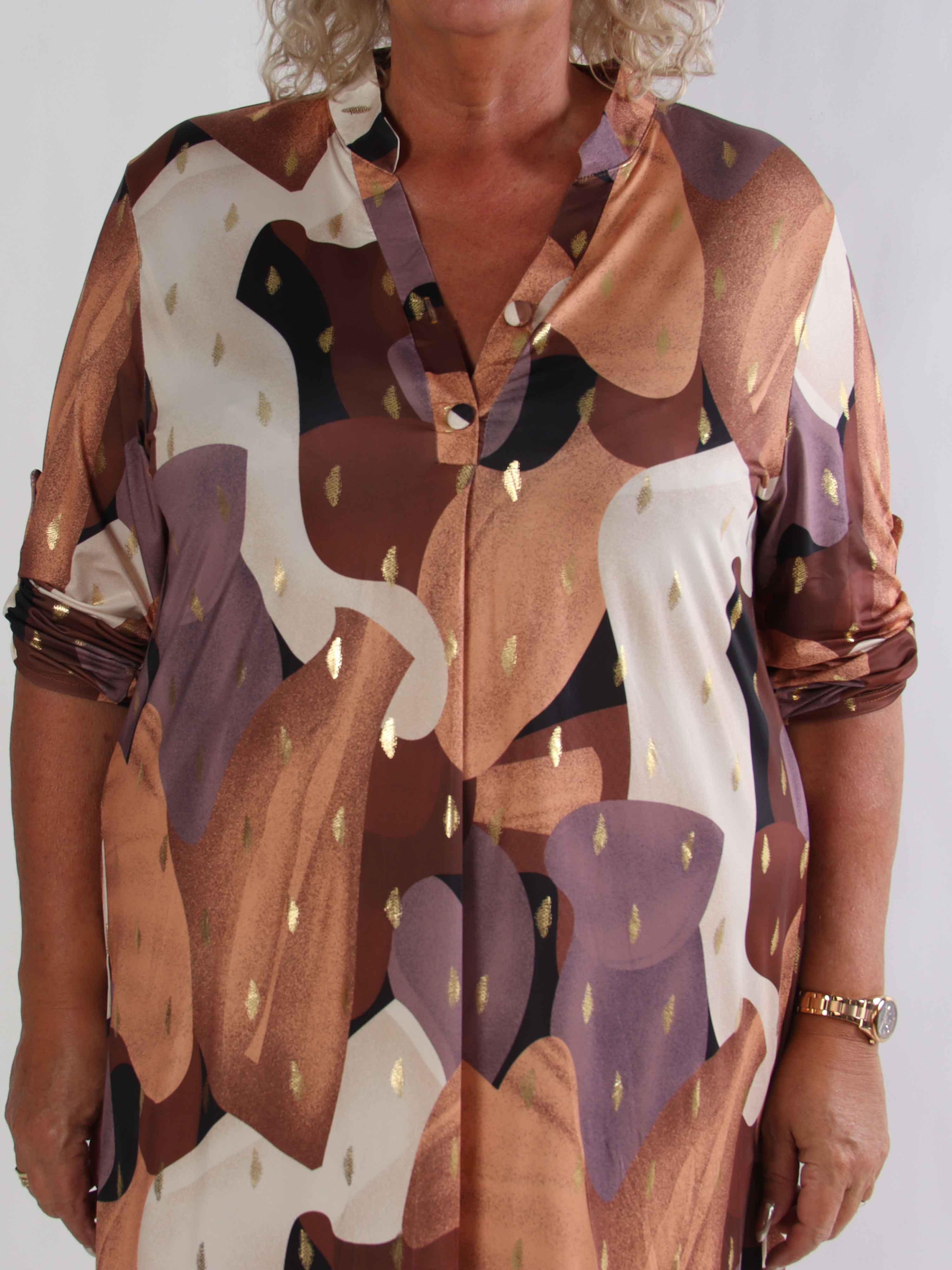 Ebba Glow Gold - Flerfarvet elastisk plus size kjole med guld detaljer