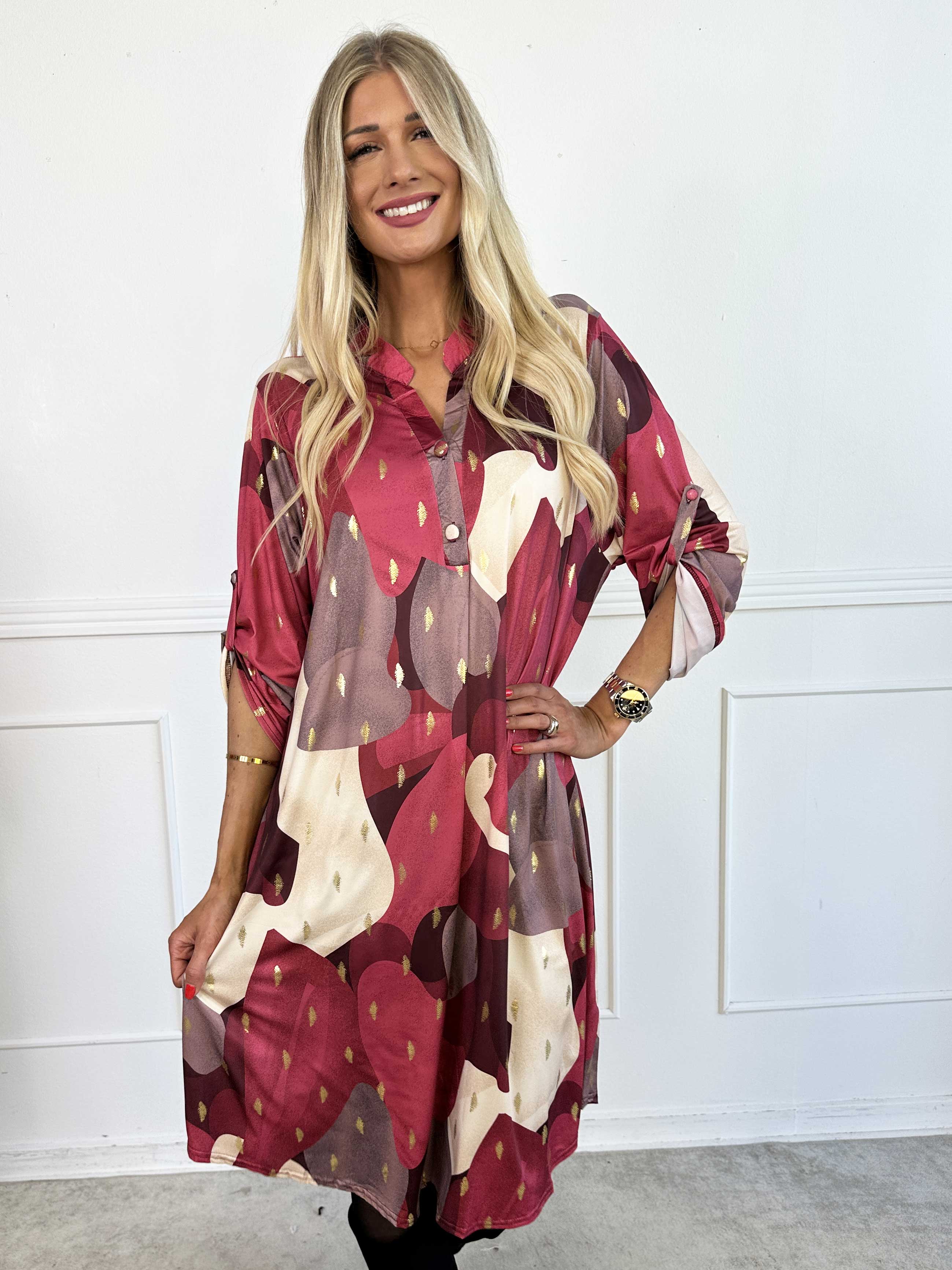 Ebba Glow Gold - Flerfarvet elastisk kjole med guld detaljer