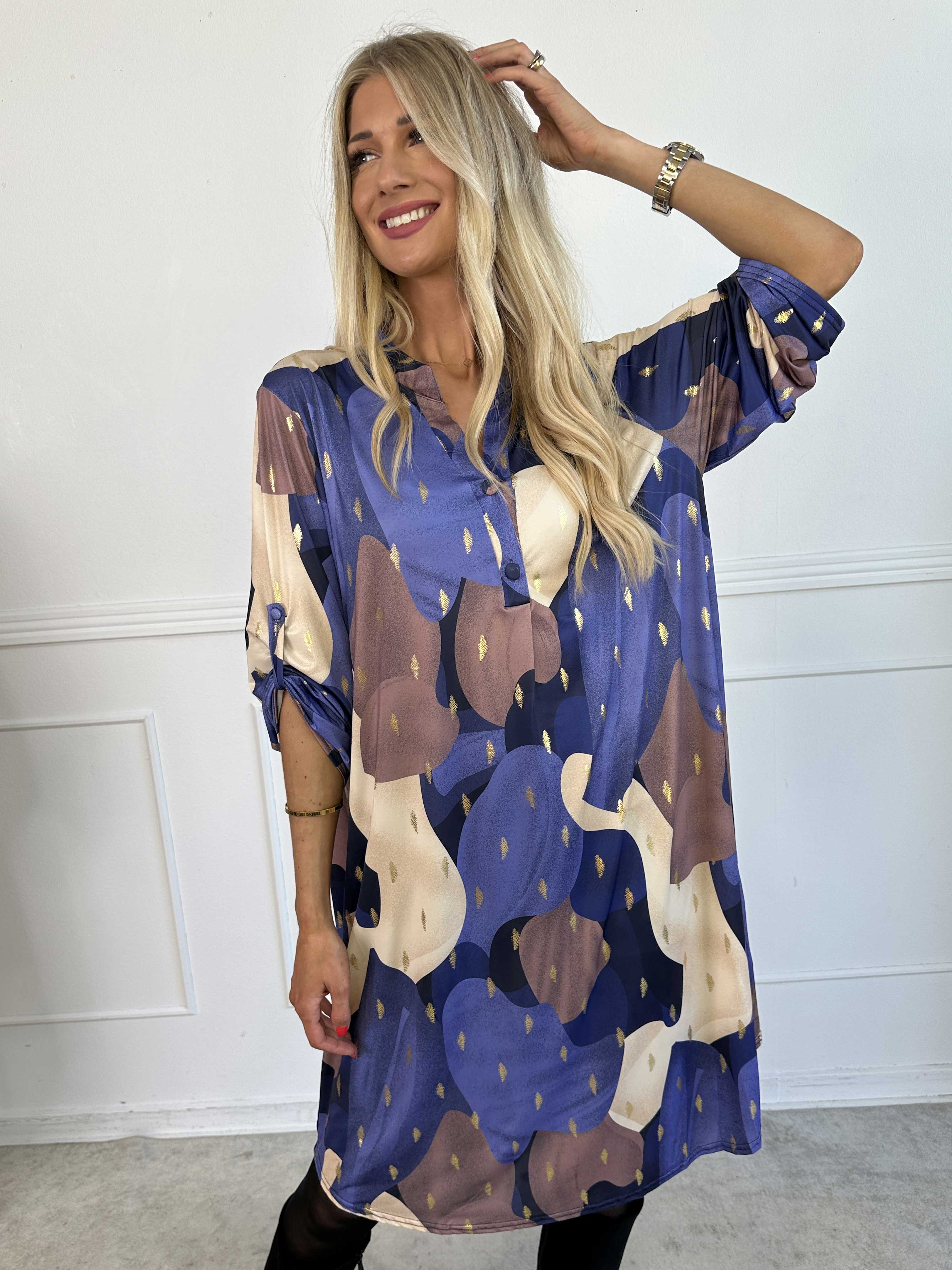 Ebba Glow Gold - Flerfarvet elastisk kjole med guld detaljer