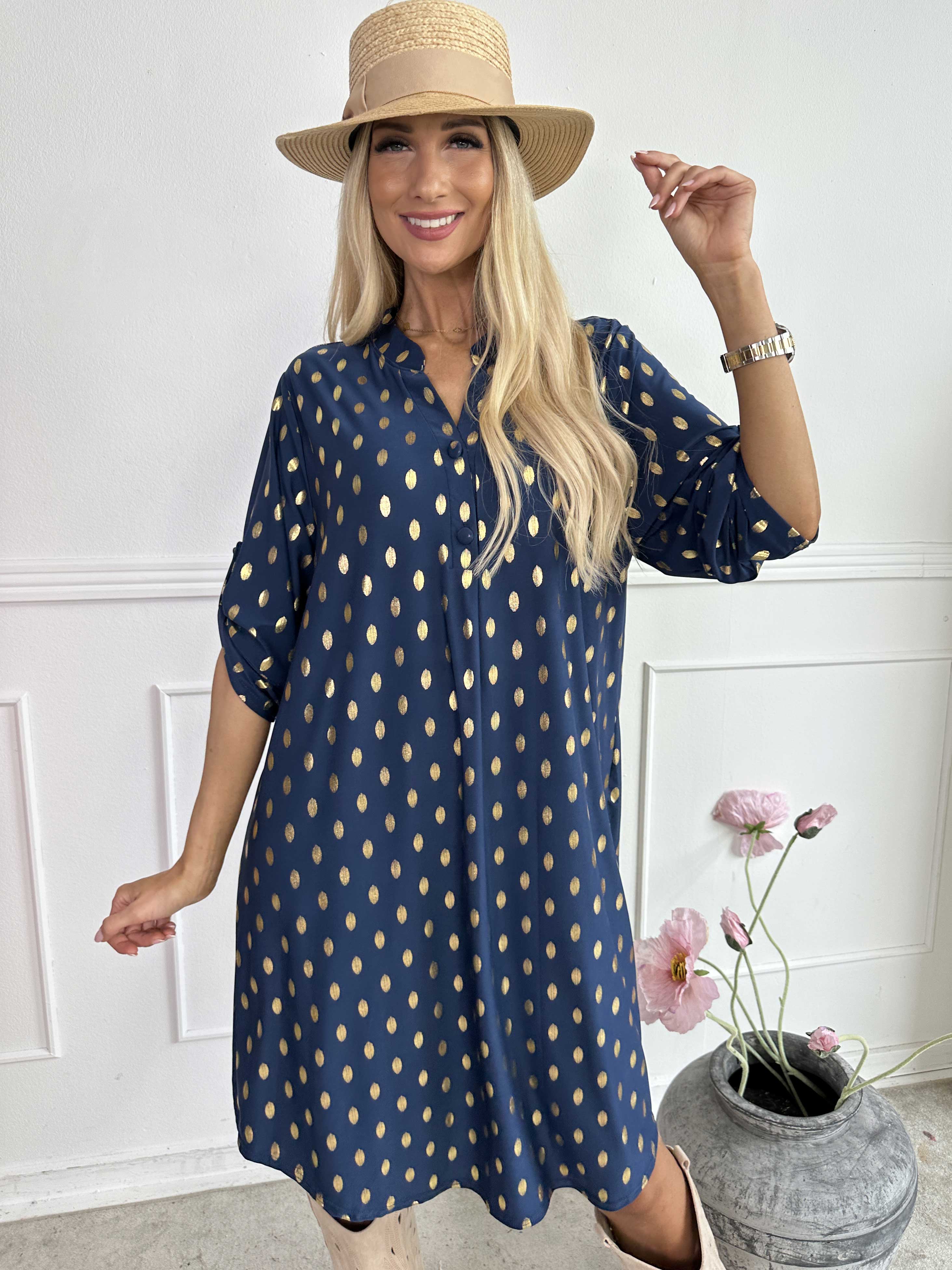 Ebba Gold Long - Elastisk kjole med guld prikker