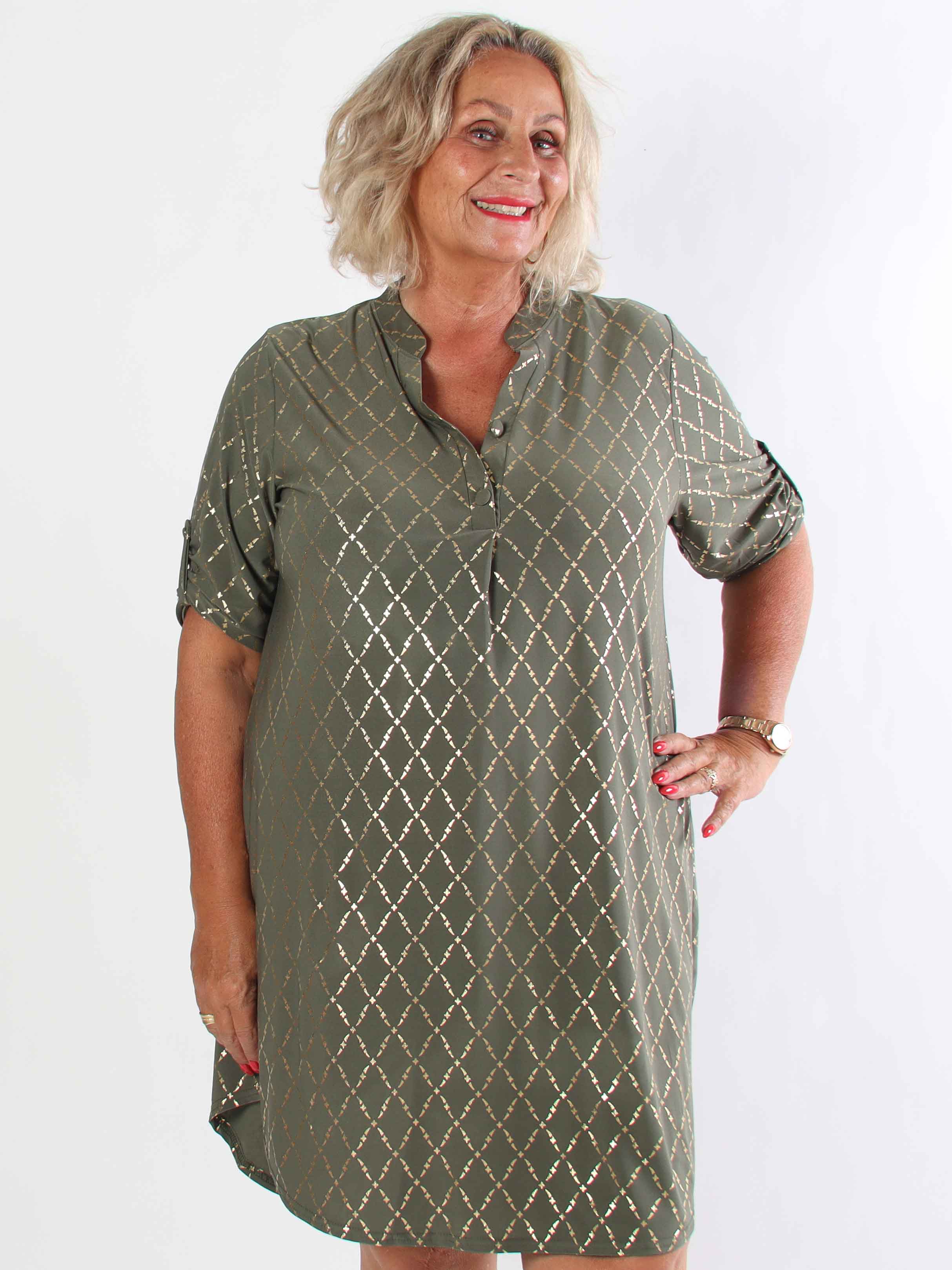 Ebba Gold Check Long - Elastisk plus size kjole med guld detaljer