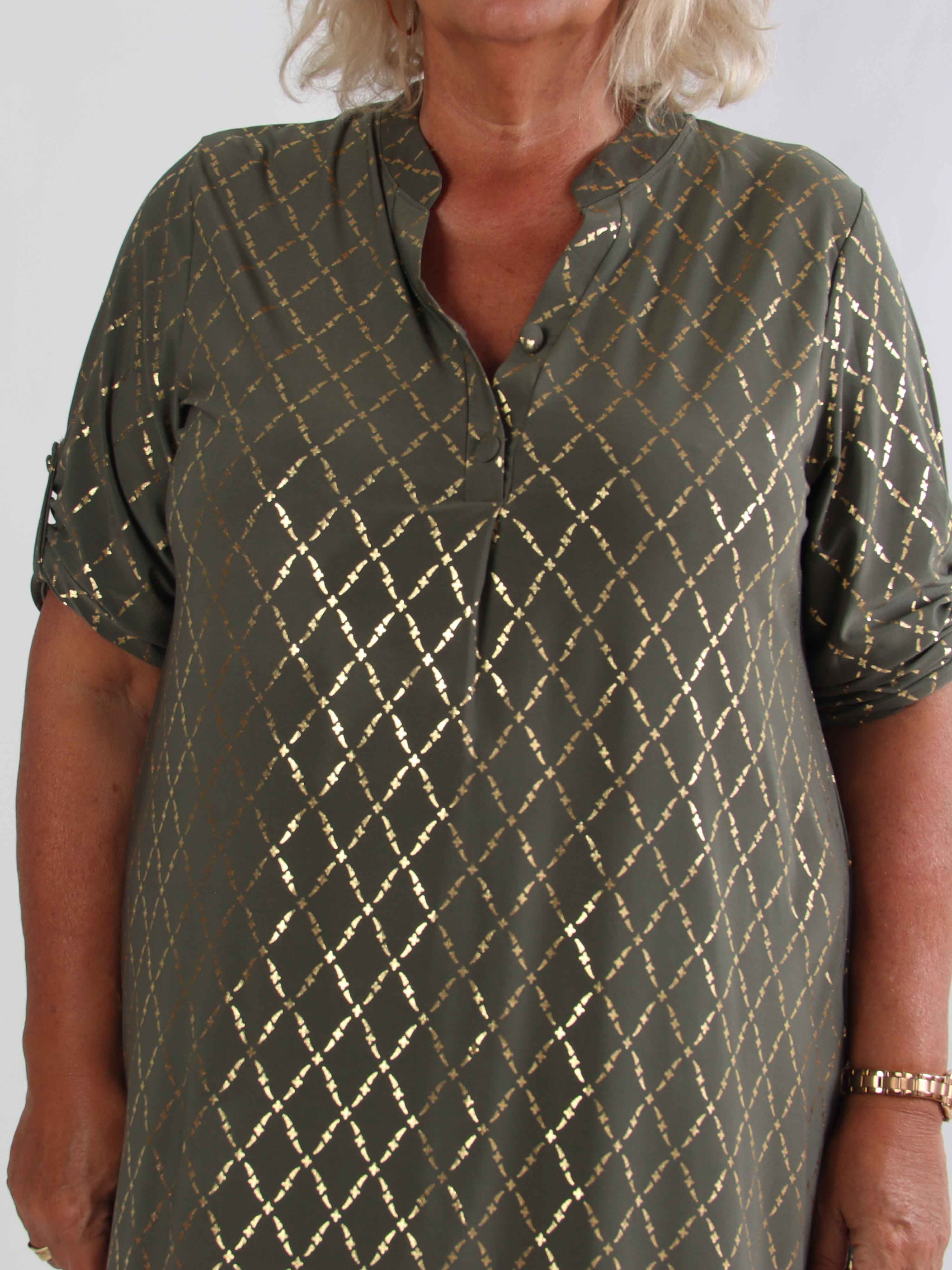 Ebba Gold Check Long - Elastisk plus size kjole med guld detaljer