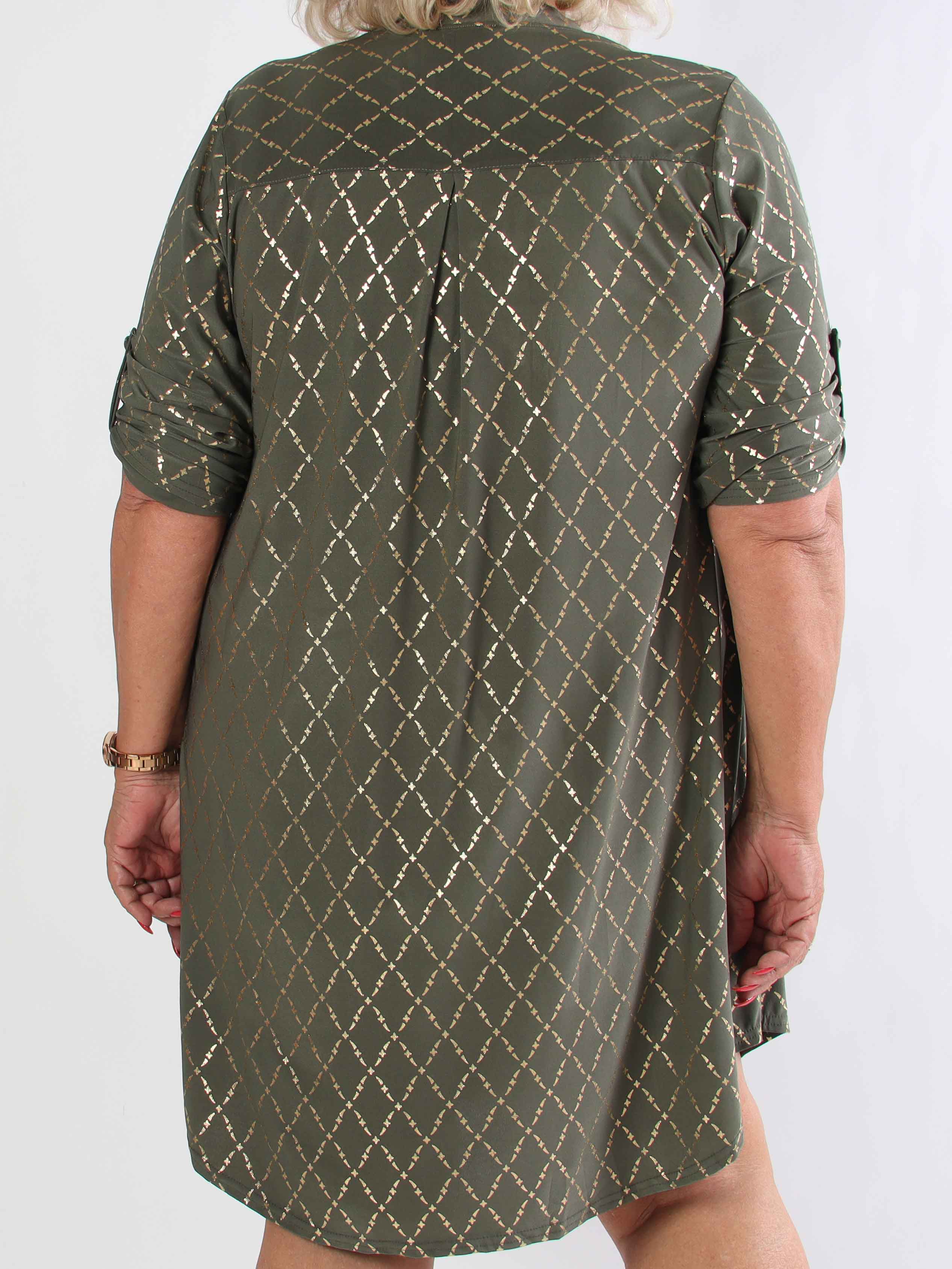 Ebba Gold Check Long - Elastisk plus size kjole med guld detaljer