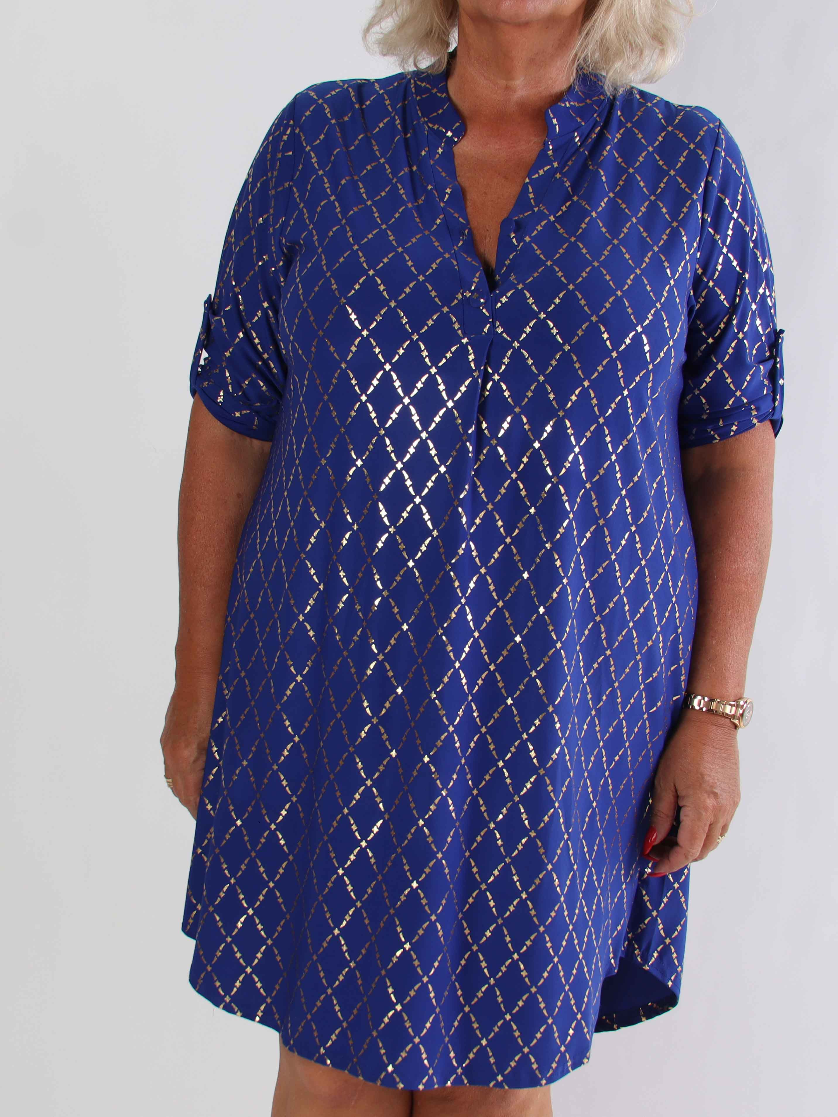 Ebba Gold Check Long - Elastisk plus size kjole med guld detaljer