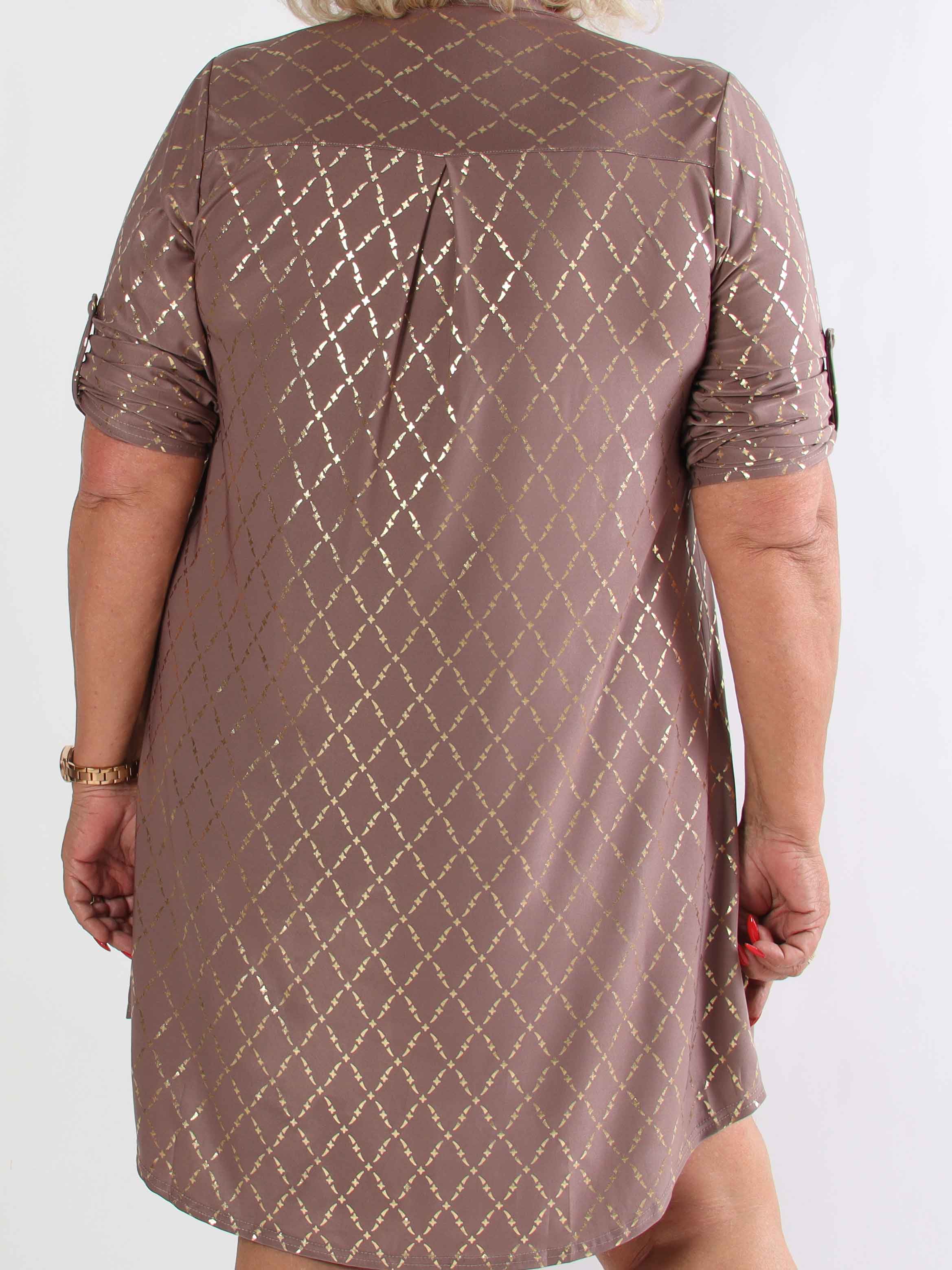 Ebba Gold Check Long - Elastisk plus size kjole med guld detaljer